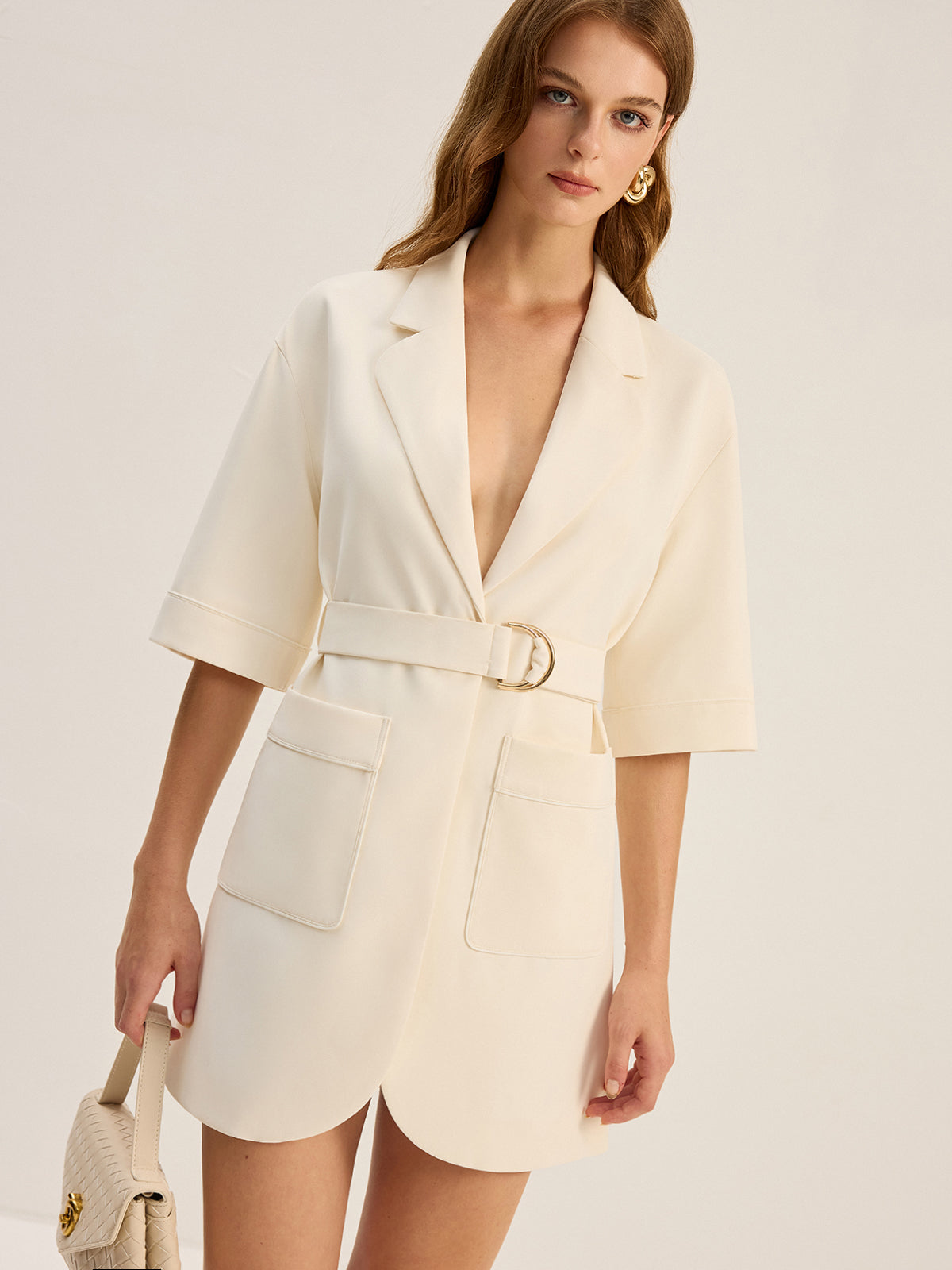 Belted Pocketed Blazer Dress-Chicvia