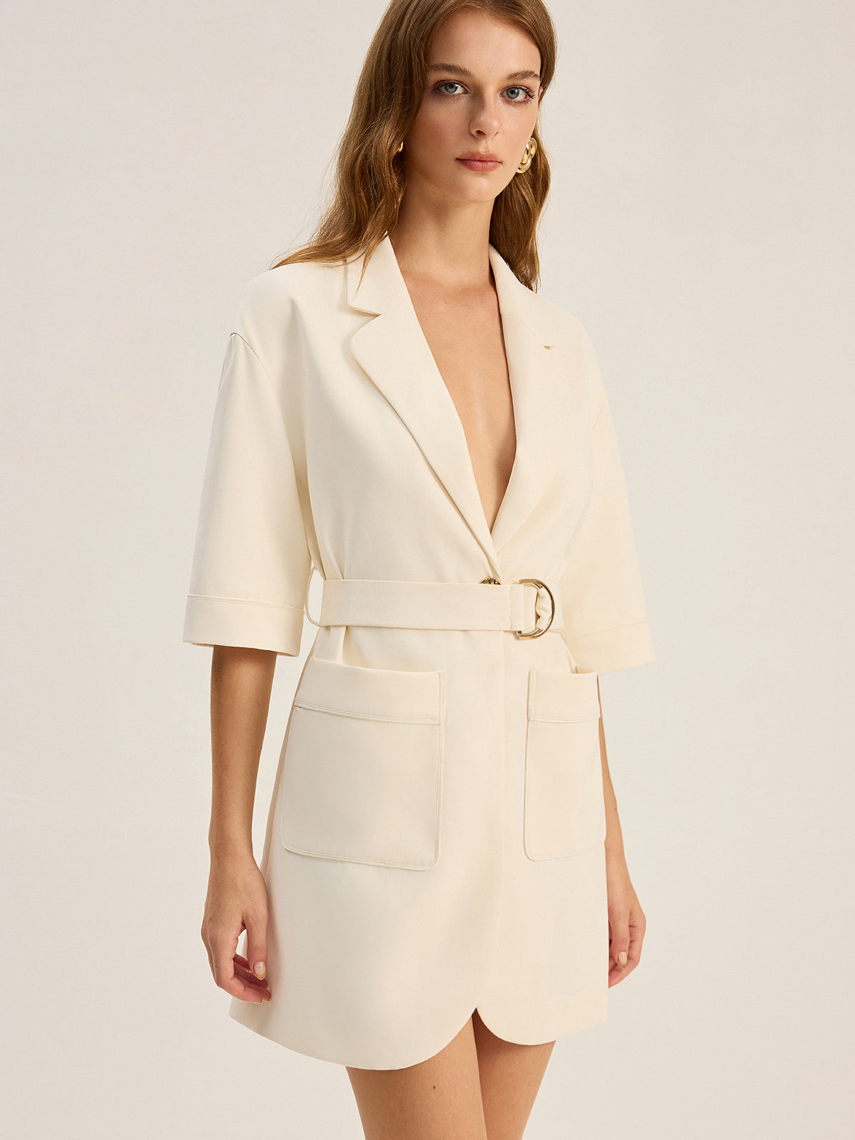 Belted Pocketed Blazer Dress-Chicvia