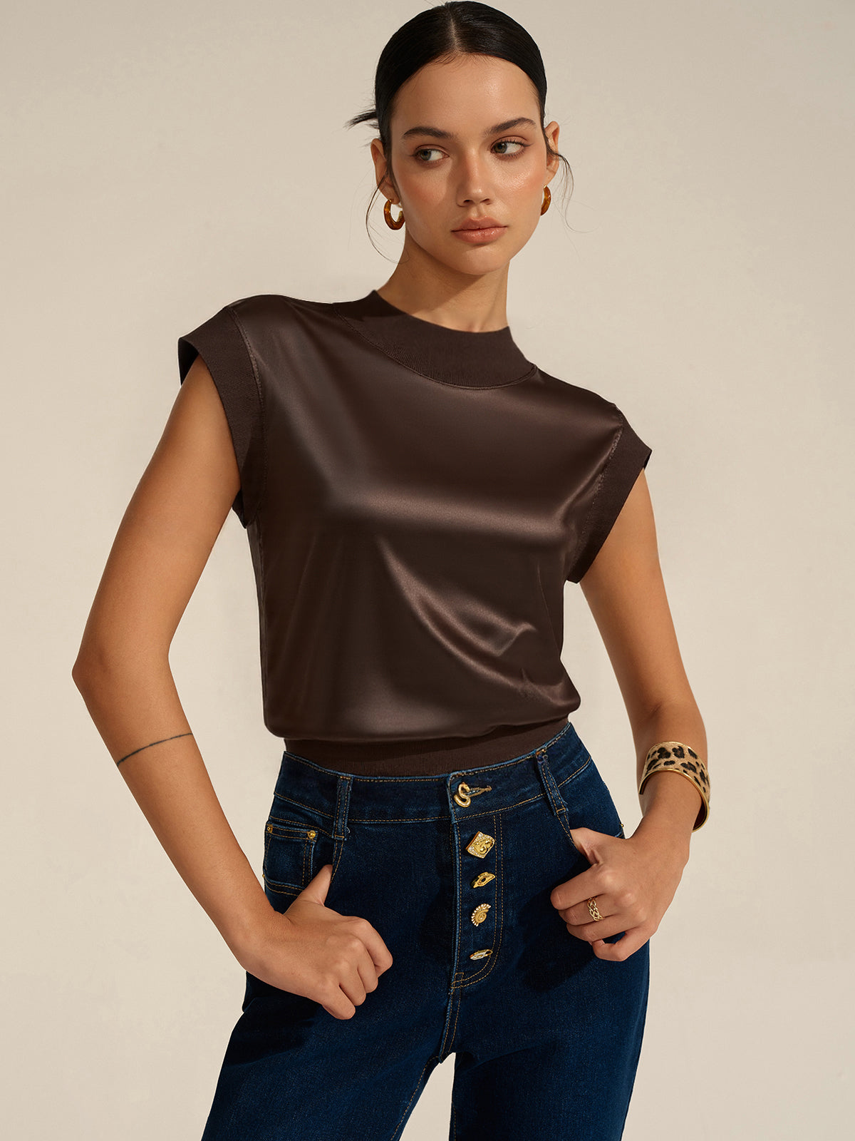 Mock Neck Cap Sleeve Top-Chicvia