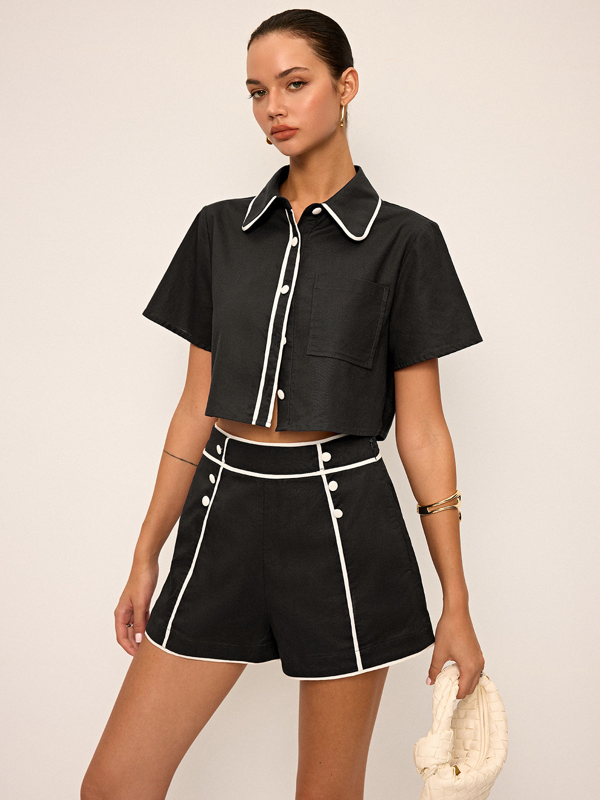 Contrast Piping Crop Shirt and Shorts Set-Chicvia