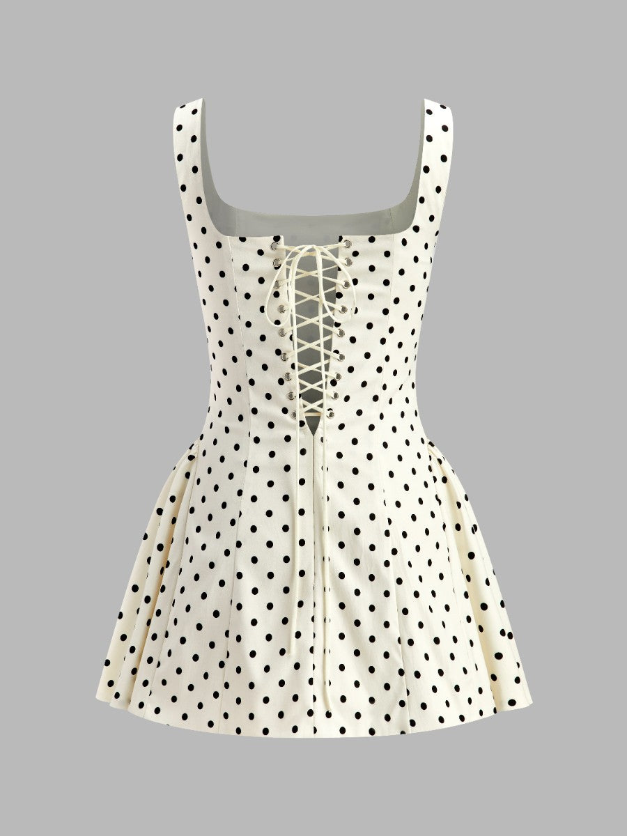 Polka Dot Lace-Up Back Dress-Chicvia