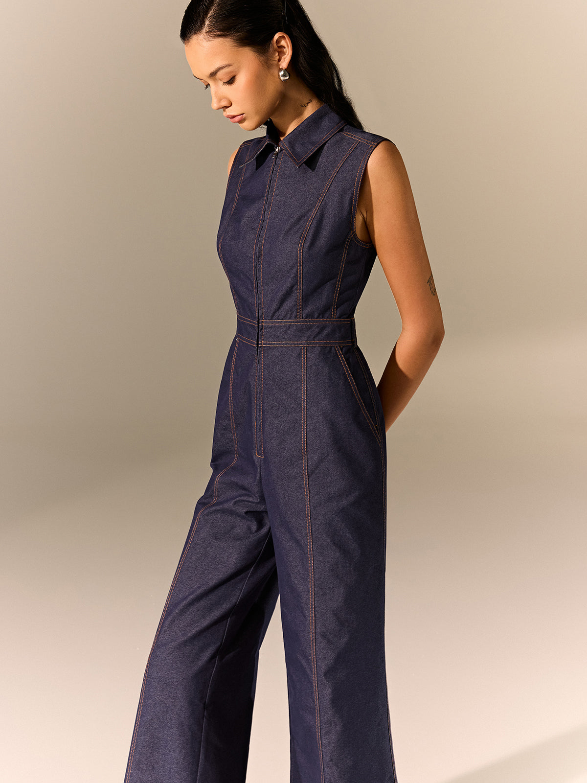 Denim Zipper Jumpsuit-Chicvia
