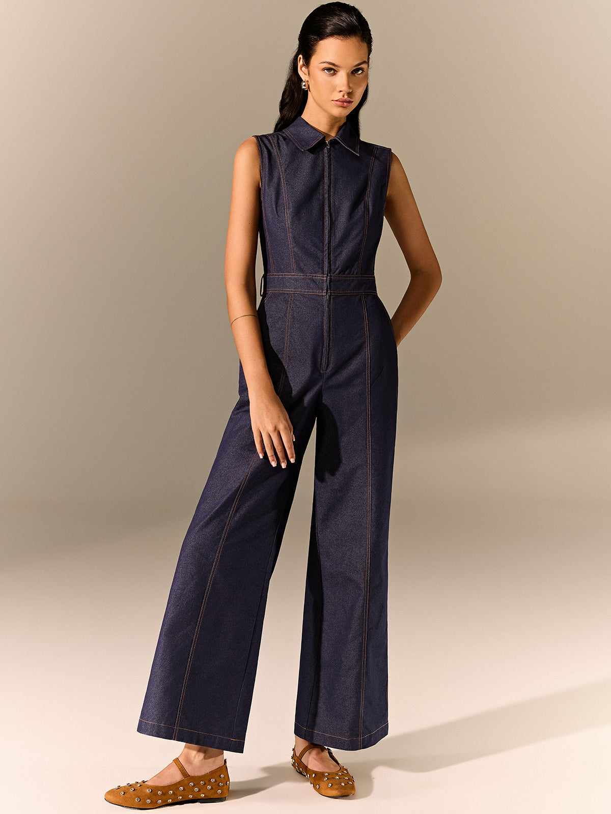 Denim Zipper Jumpsuit-Chicvia