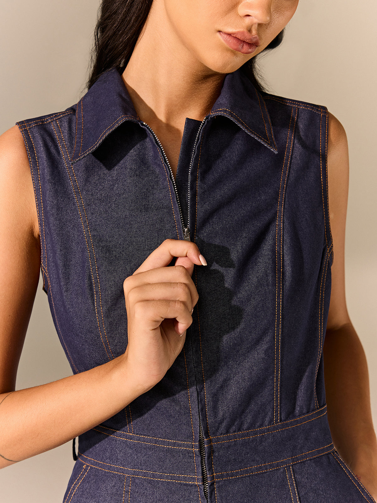 Denim Zipper Jumpsuit-Chicvia
