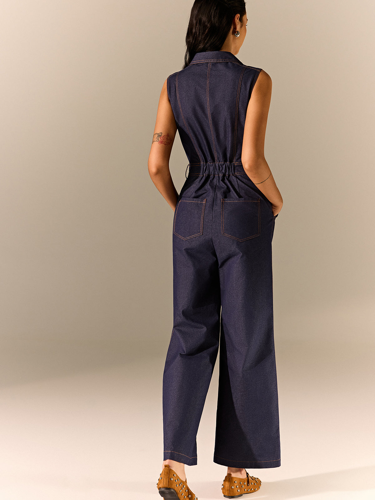 Denim Zipper Jumpsuit-Chicvia
