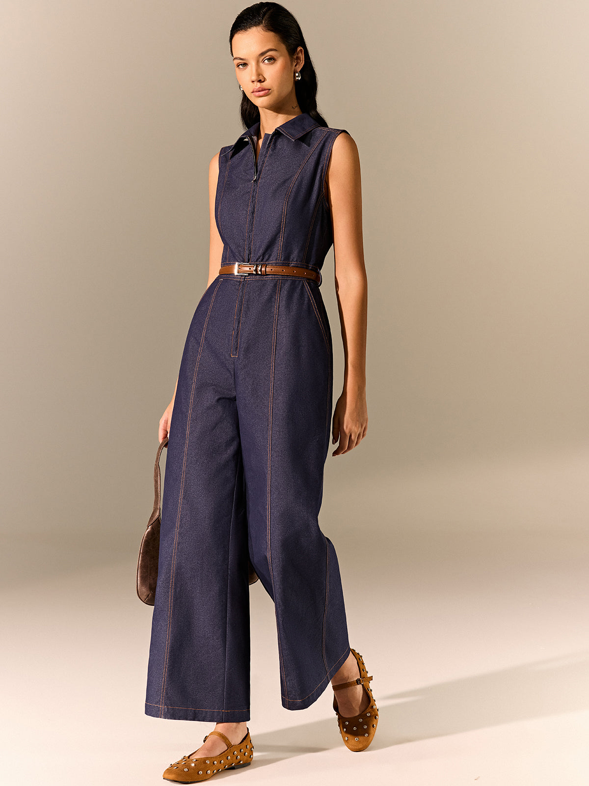 Denim Zipper Jumpsuit-Chicvia
