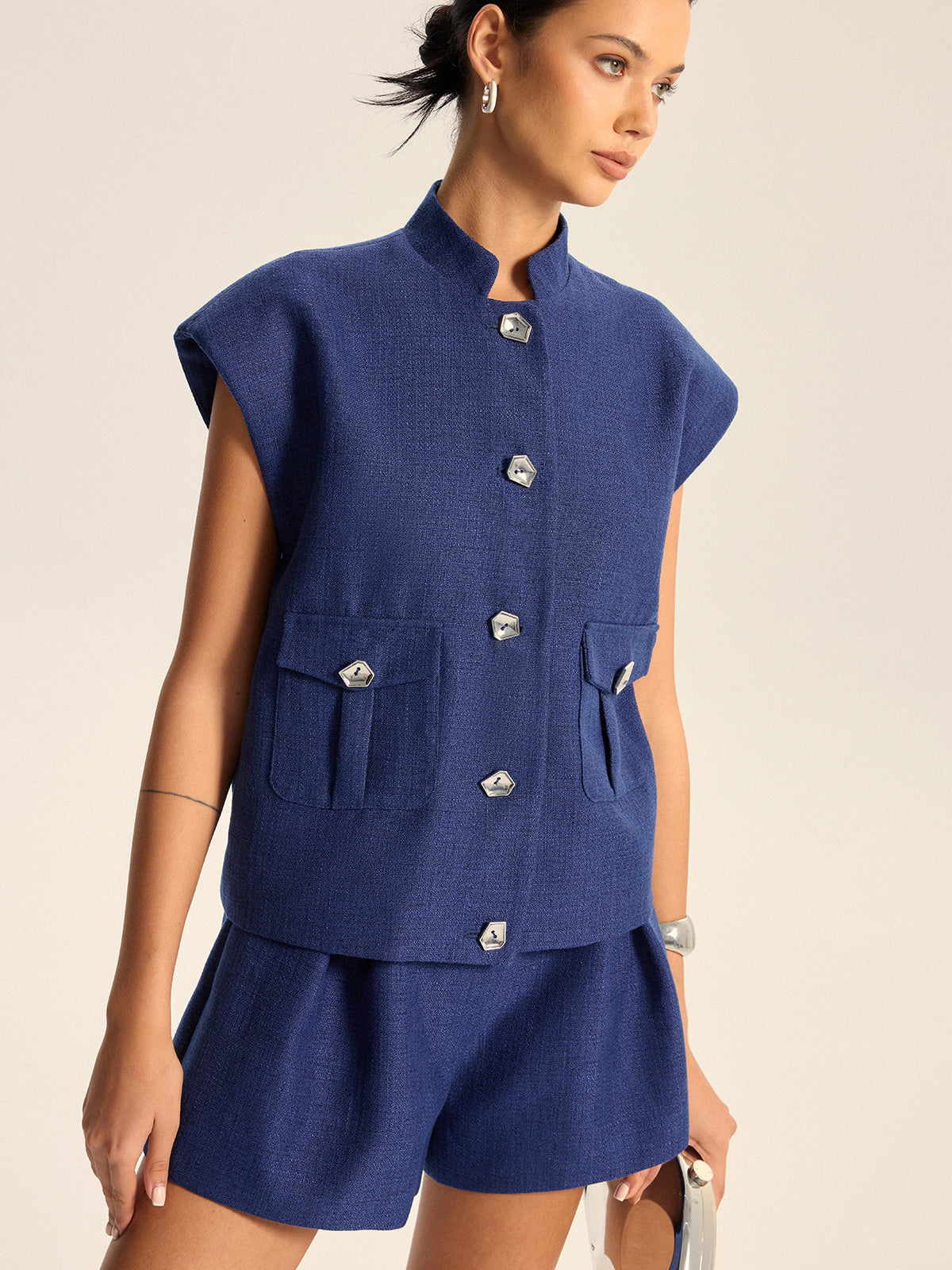 Cap Sleeve Collared Vest-Chicvia