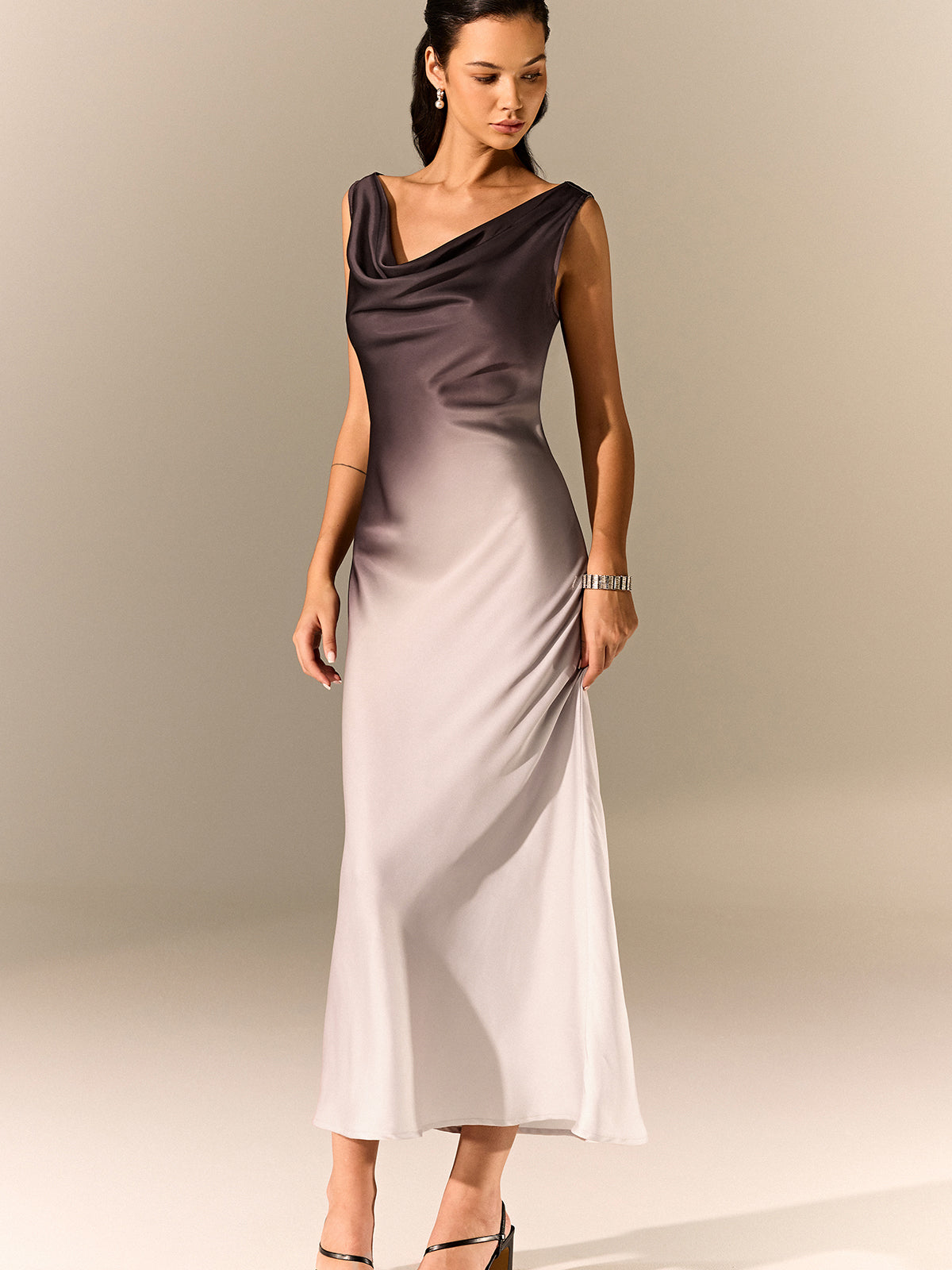 Ombre Satin Cowl Neck Maxi Dress-Chicvia