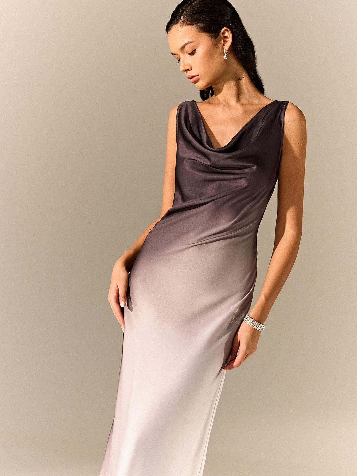 Ombre Satin Cowl Neck Maxi Dress-Chicvia