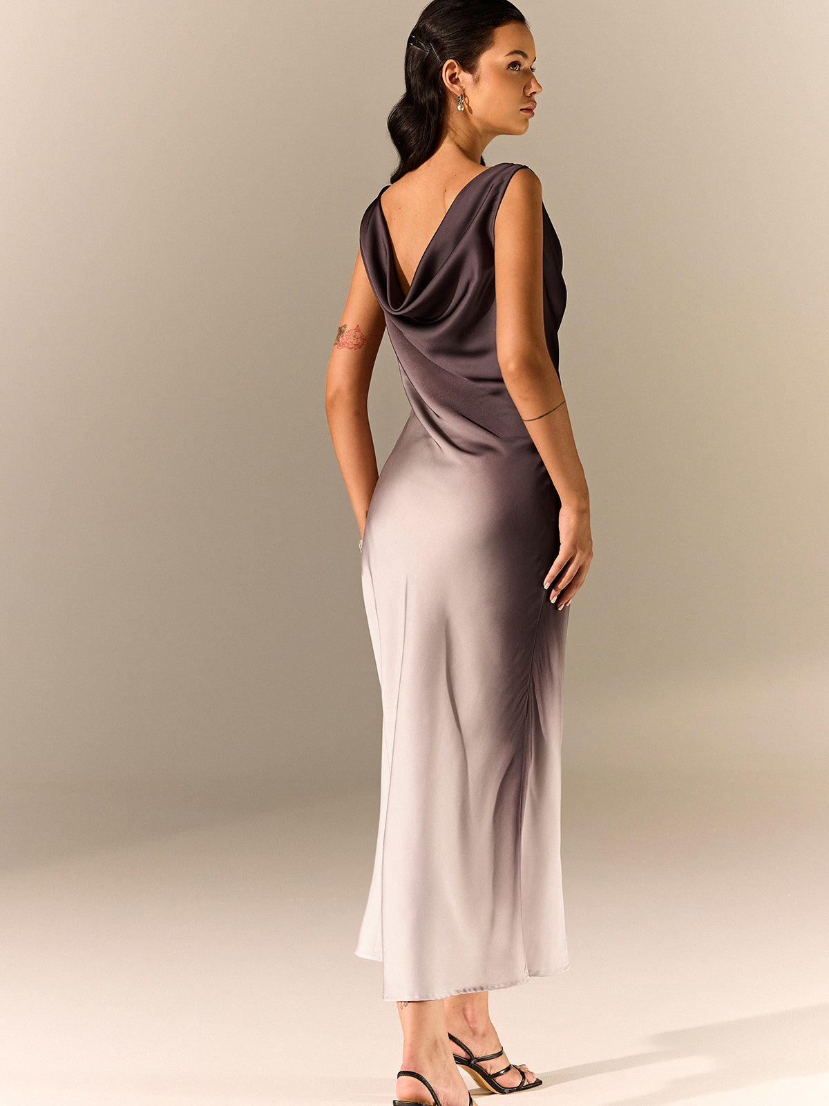 Ombre Satin Cowl Neck Maxi Dress-Chicvia