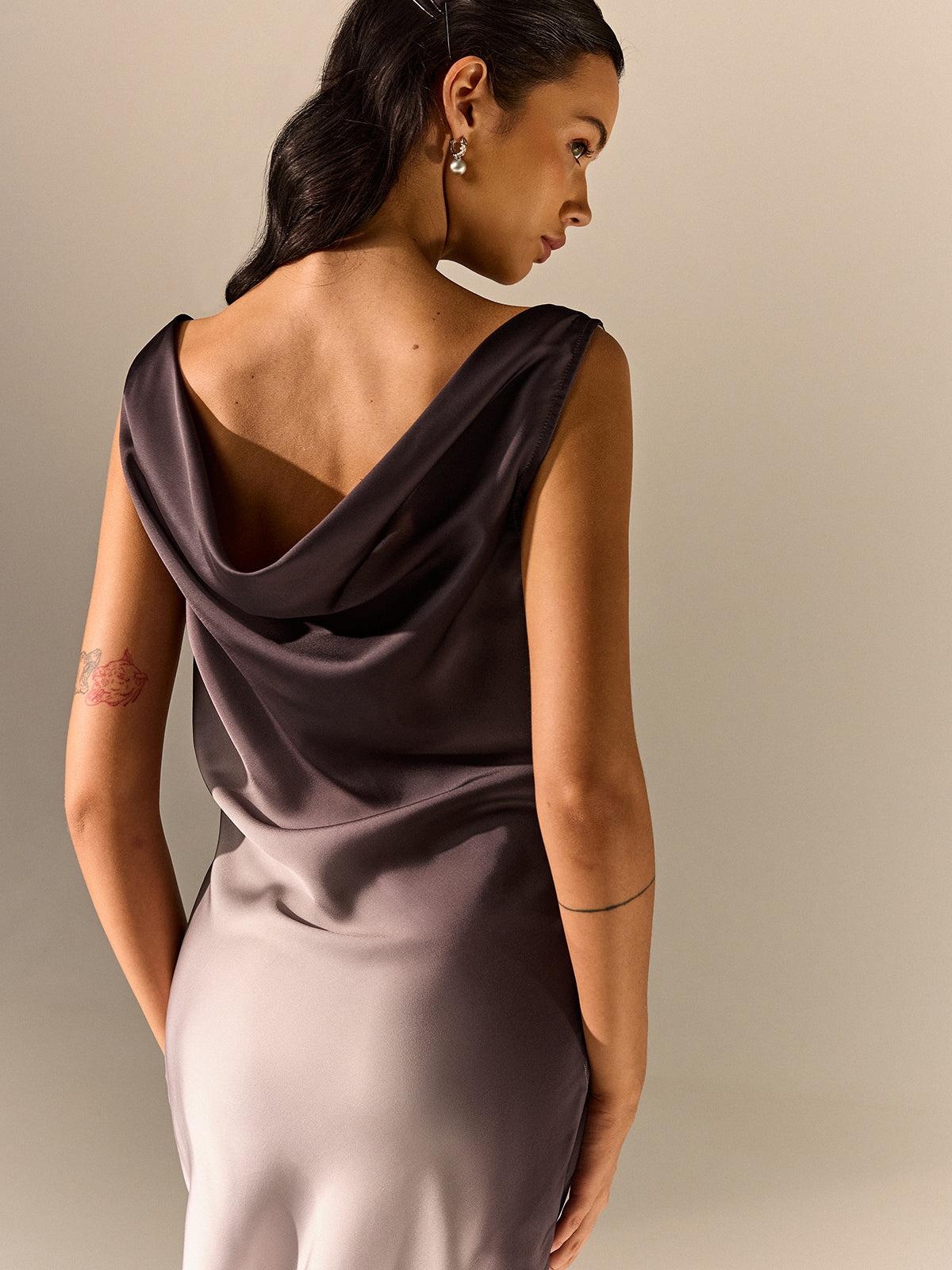 Ombre Satin Cowl Neck Maxi Dress-Chicvia