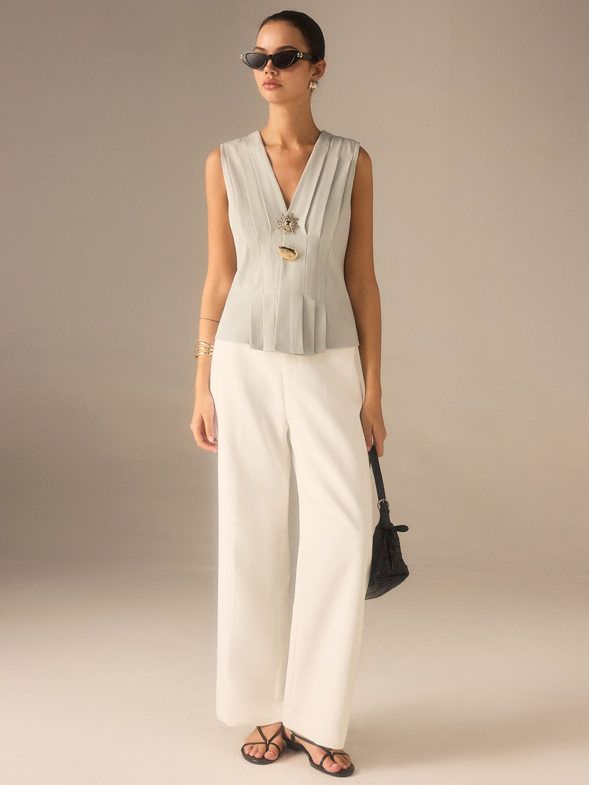 Pleated V-Neck Top with Metal Detail-Chicvia