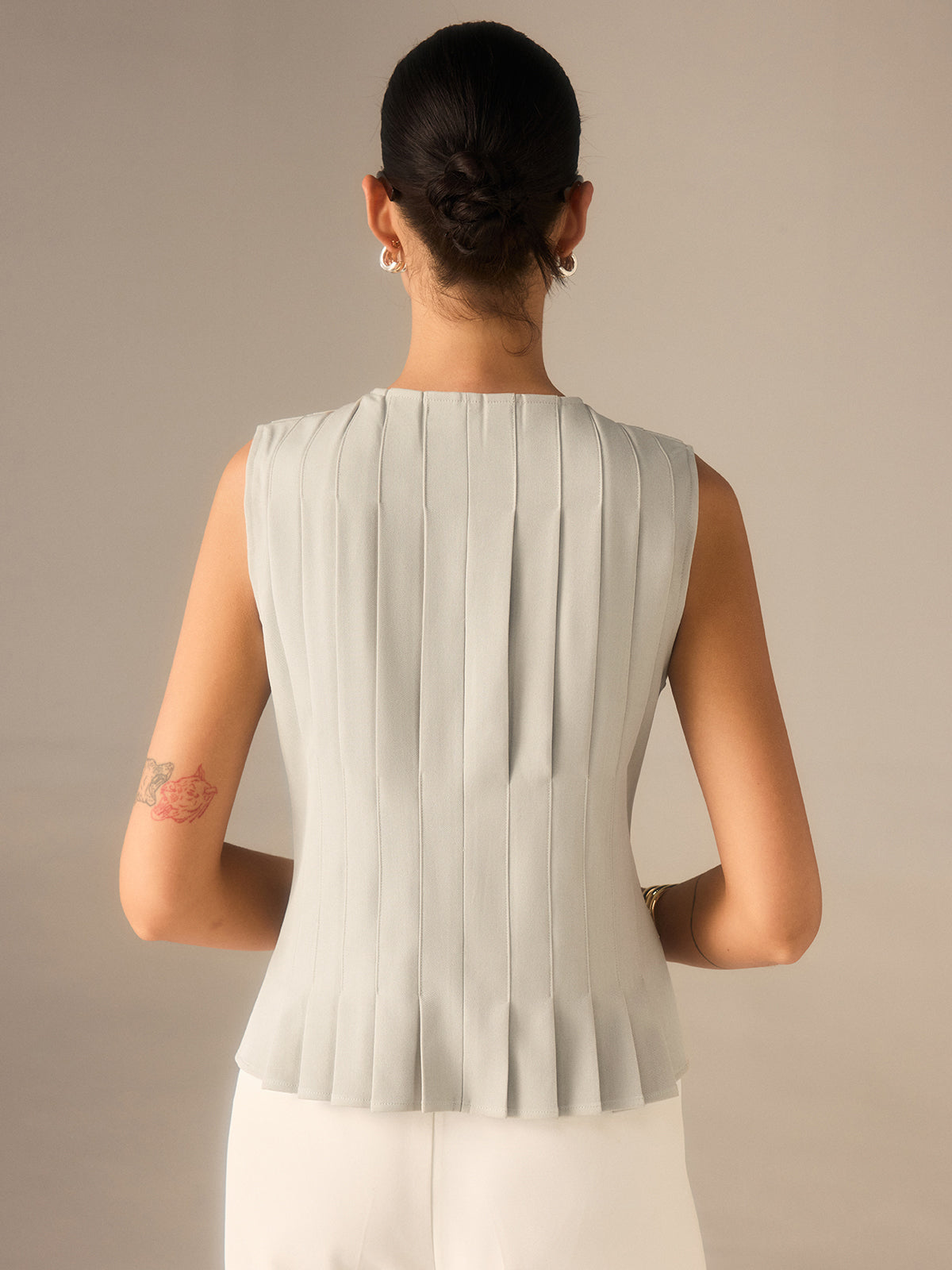 Pleated V-Neck Top with Metal Detail-Chicvia