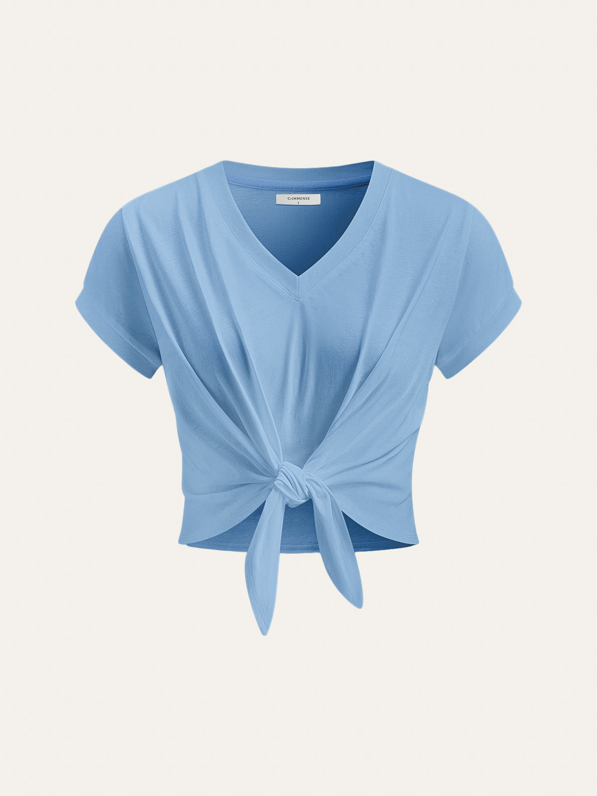 Knot Front V-Neck T-Shirt-Chicvia