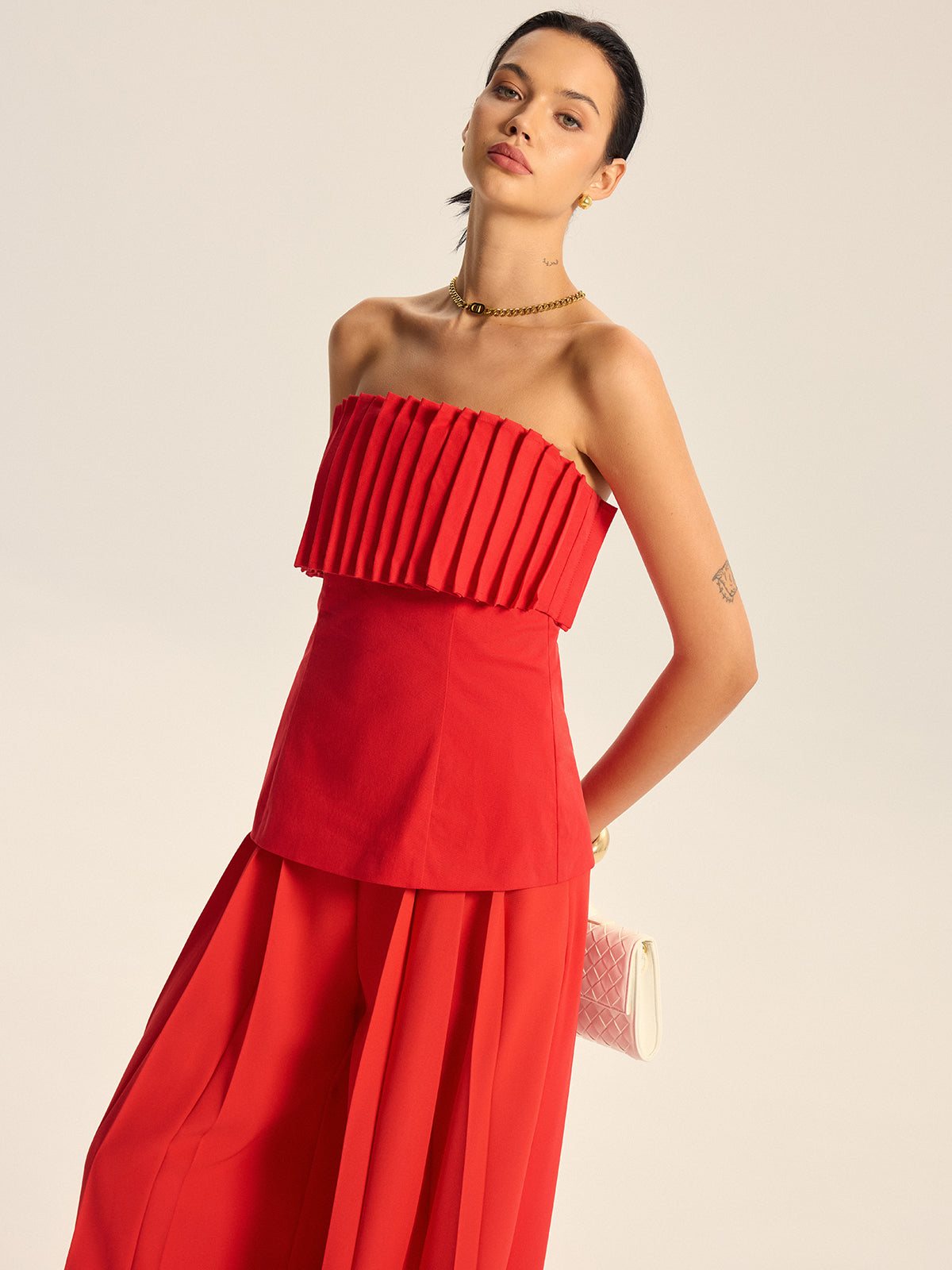 Cotton Blend Strapless Pleated Top-Chicvia