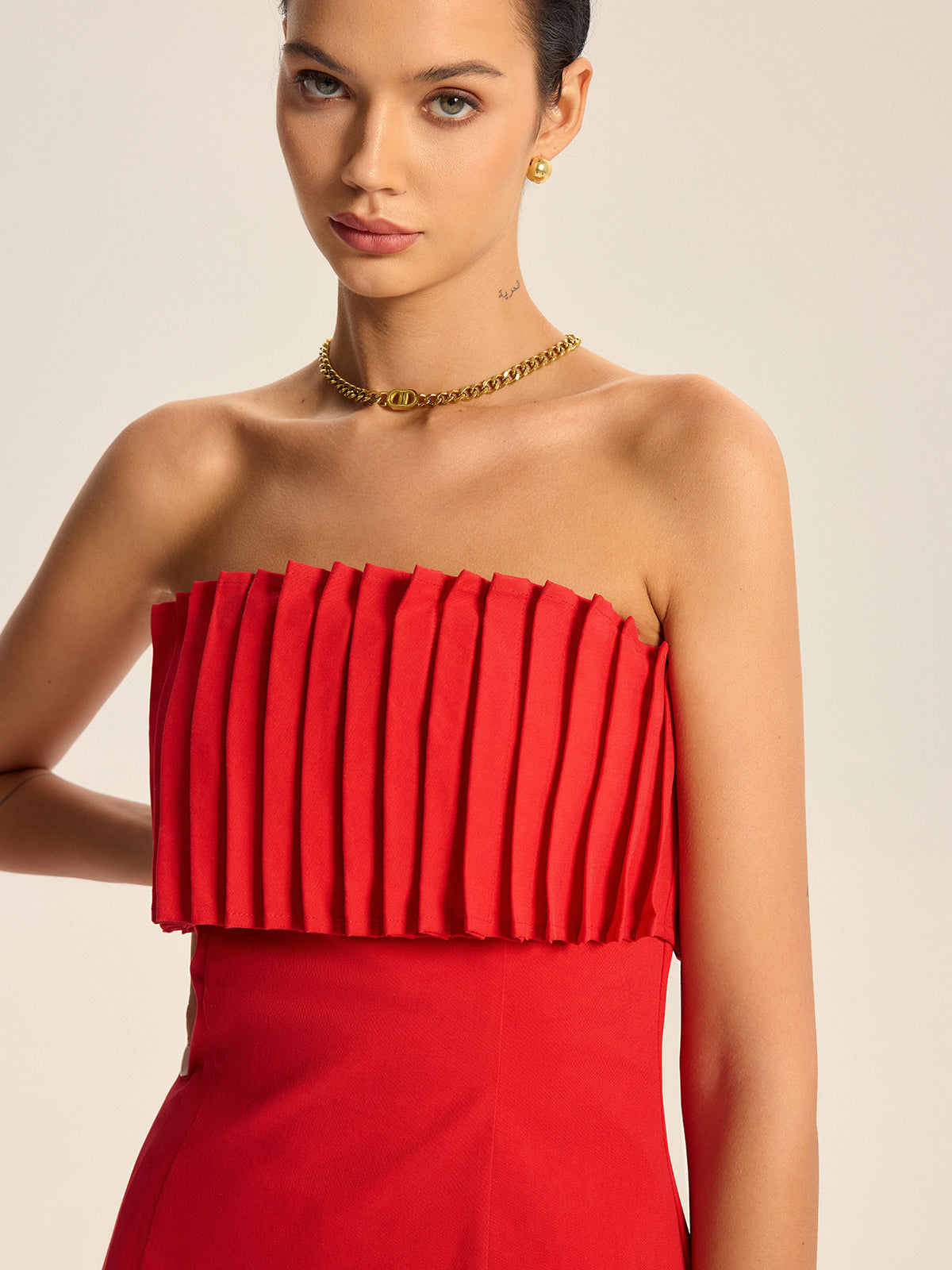 Cotton Blend Strapless Pleated Top-Chicvia