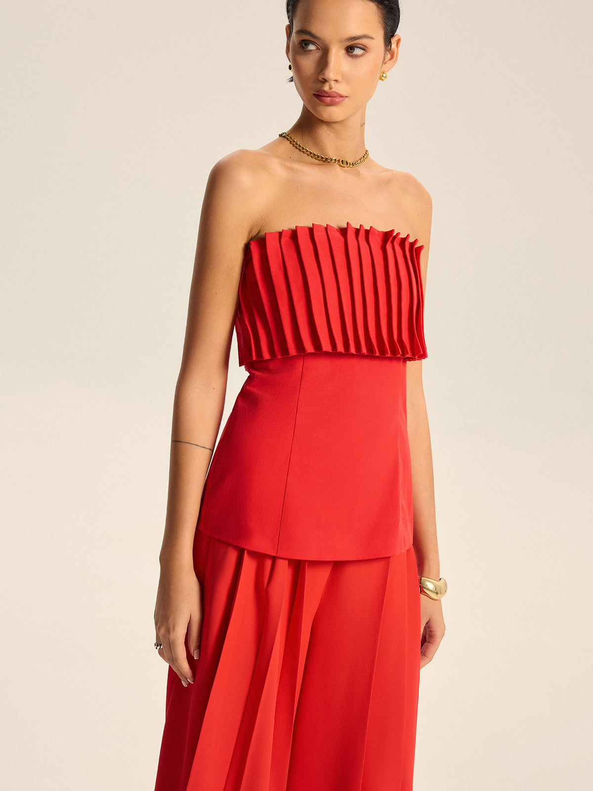 Cotton Blend Strapless Pleated Top-Chicvia