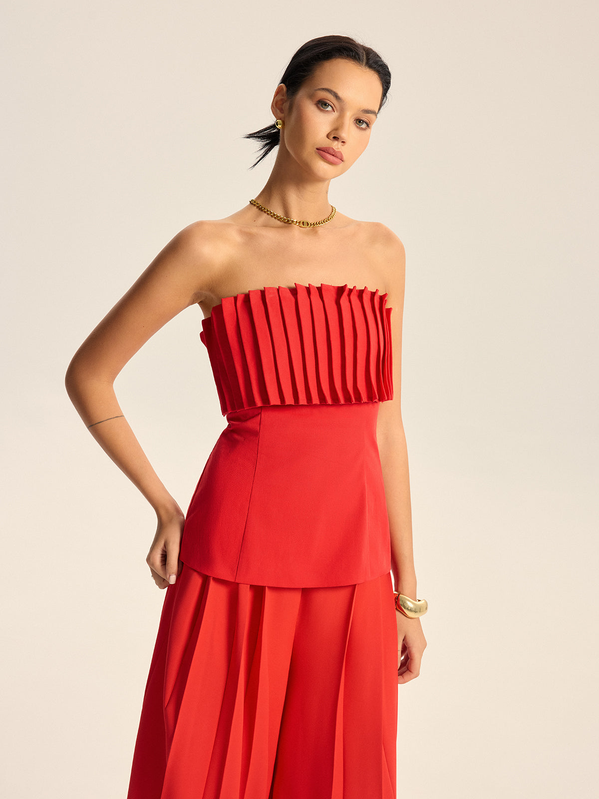 Cotton Blend Strapless Pleated Top-Chicvia