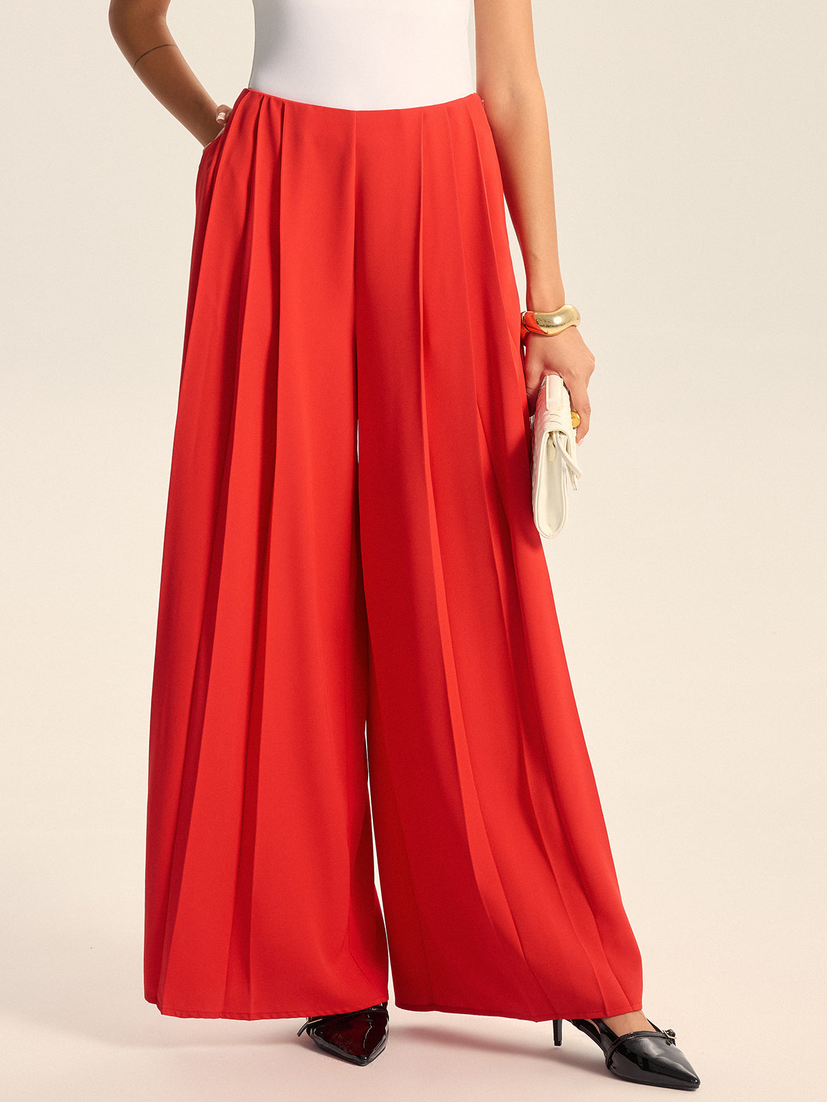Mid-Waist Pleated Wide-Leg Pants-Chicvia