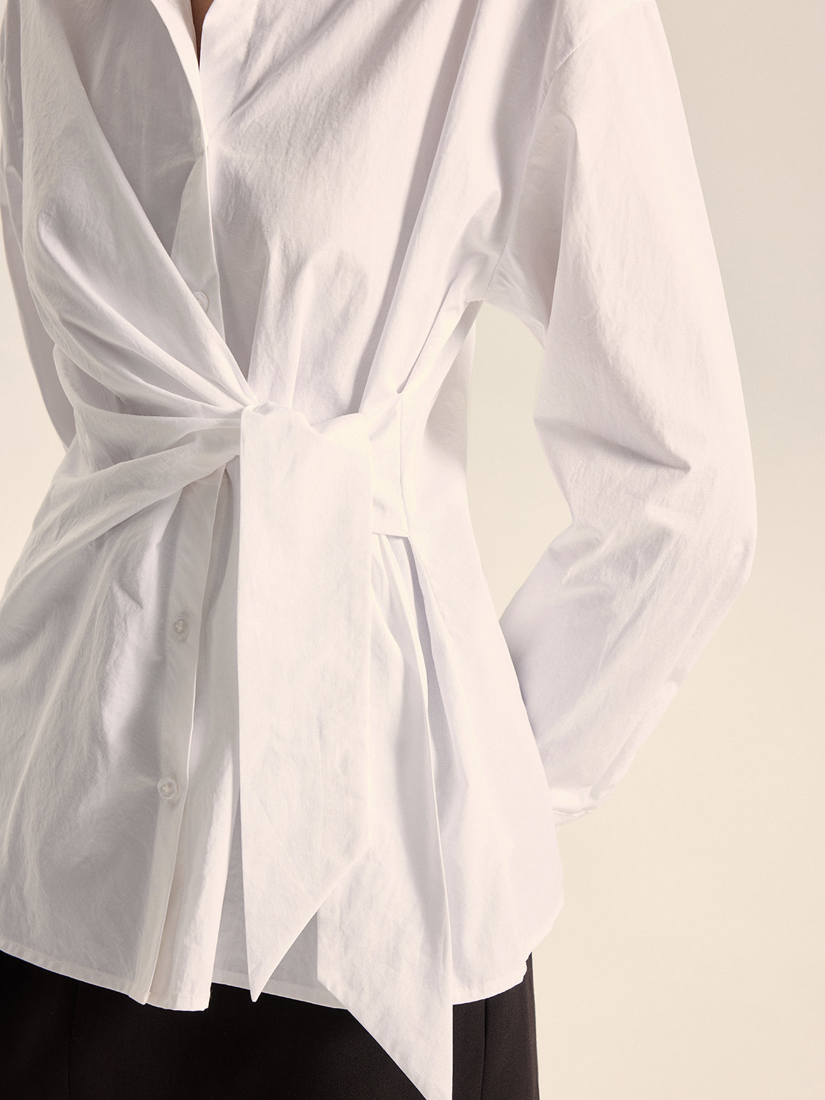 Cotton Asymmetric Tie-Waist Shirt-Chicvia