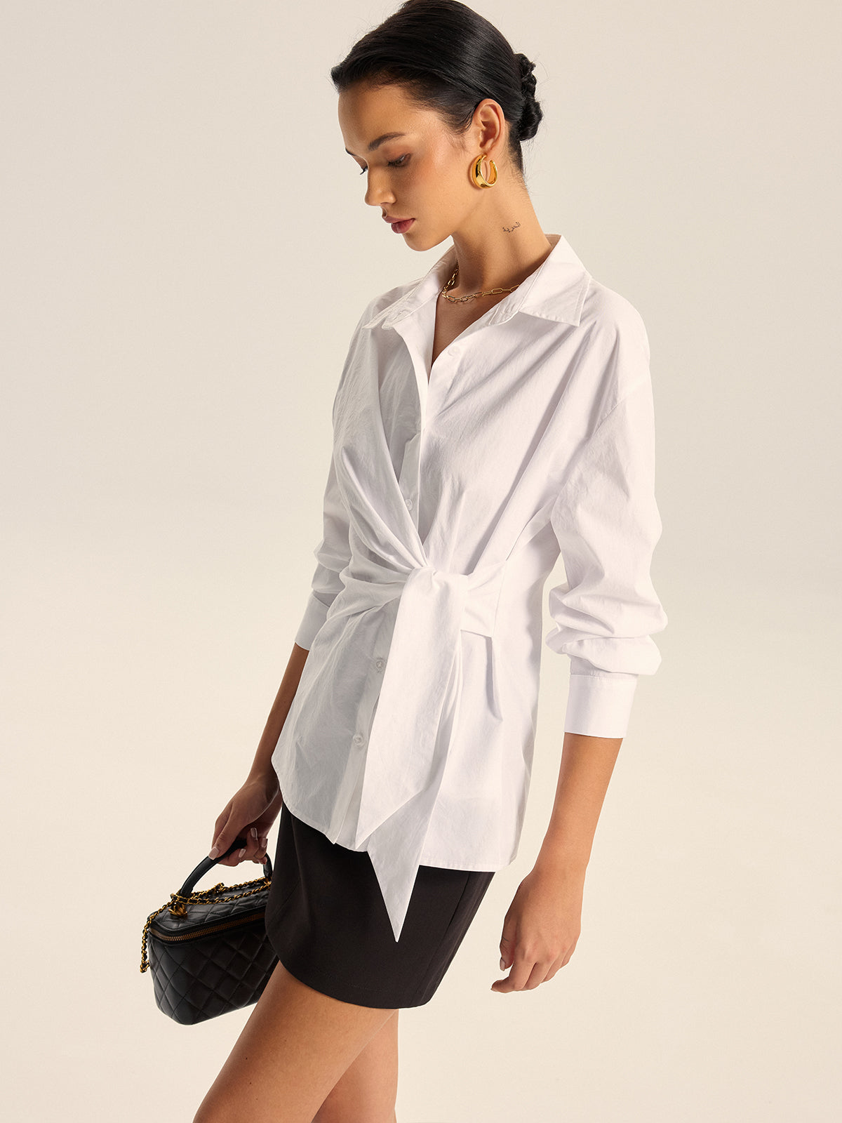 Cotton Asymmetric Tie-Waist Shirt-Chicvia