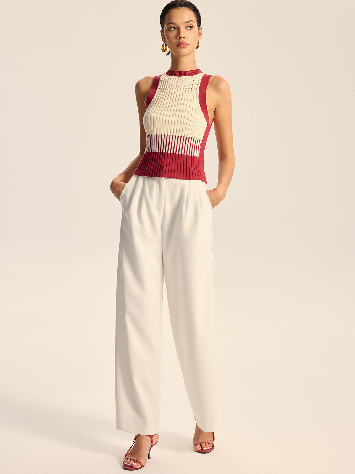 Color-Block Ribbed Knit Tank Top-Chicvia