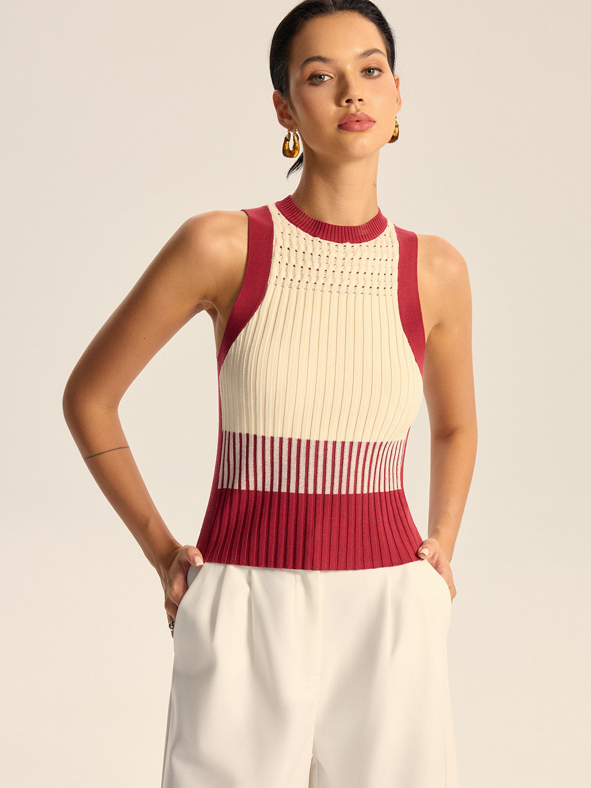 Color-Block Ribbed Knit Tank Top-Chicvia