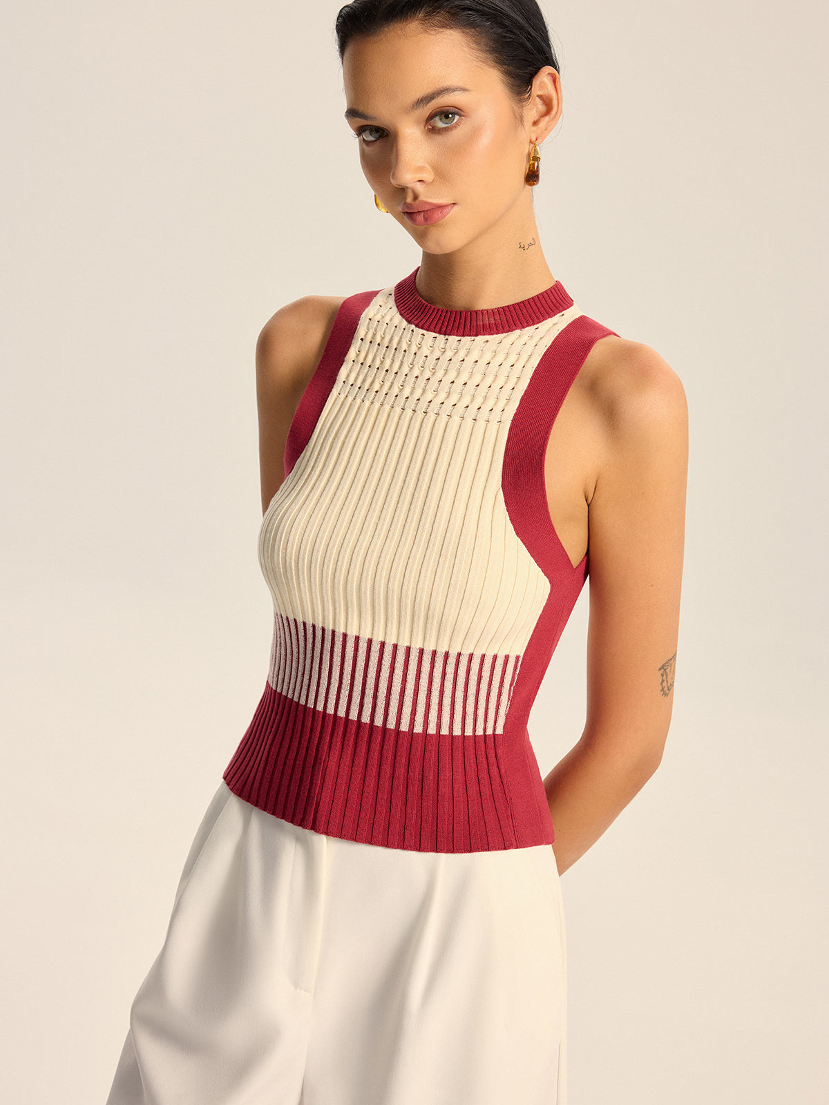 Color-Block Ribbed Knit Tank Top-Chicvia