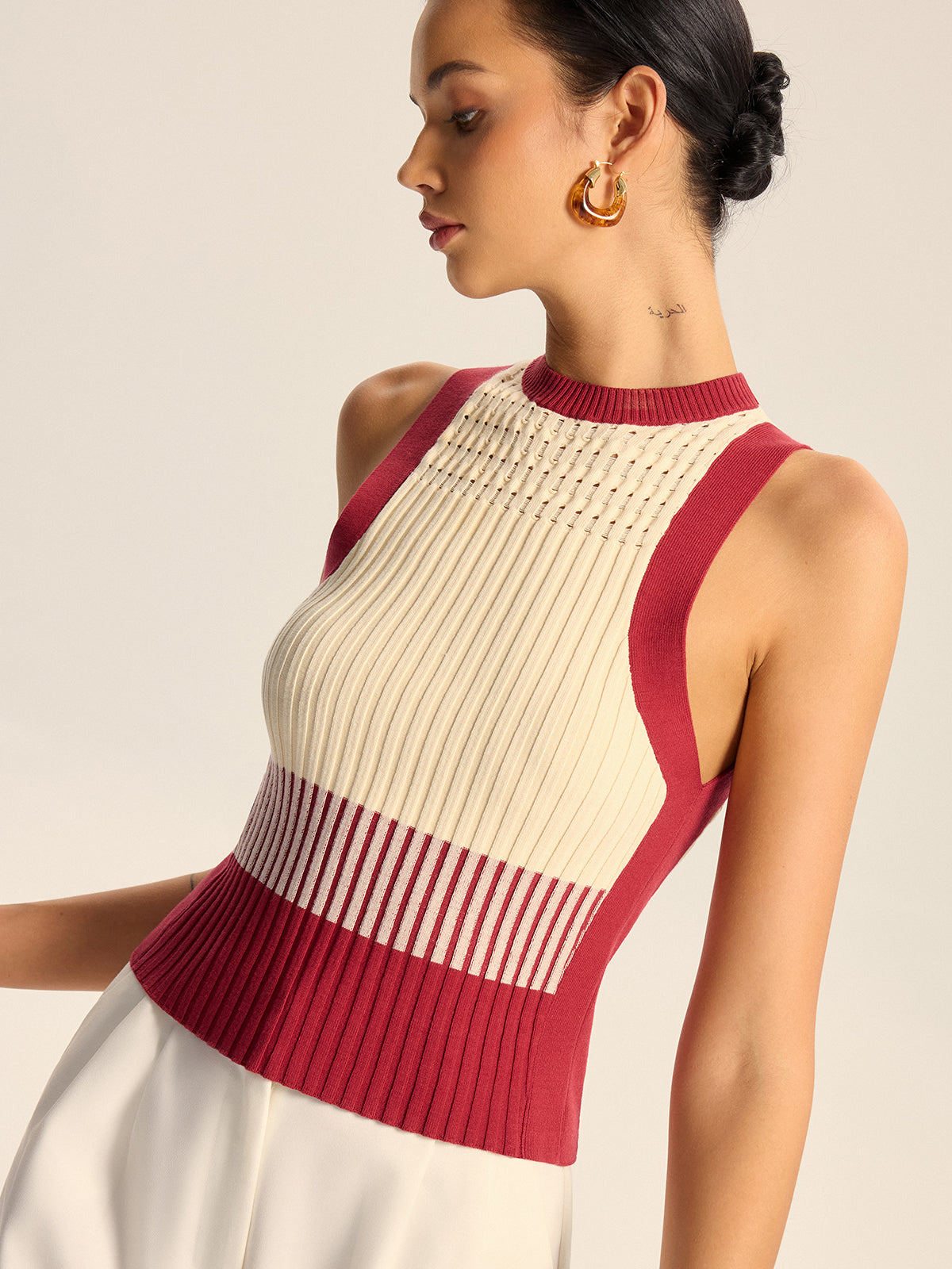 Color-Block Ribbed Knit Tank Top-Chicvia