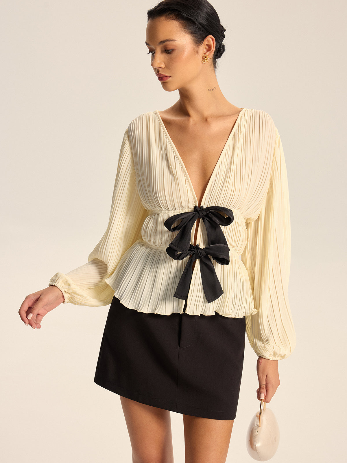 Pleated V-Neck Bow Blouse-Chicvia