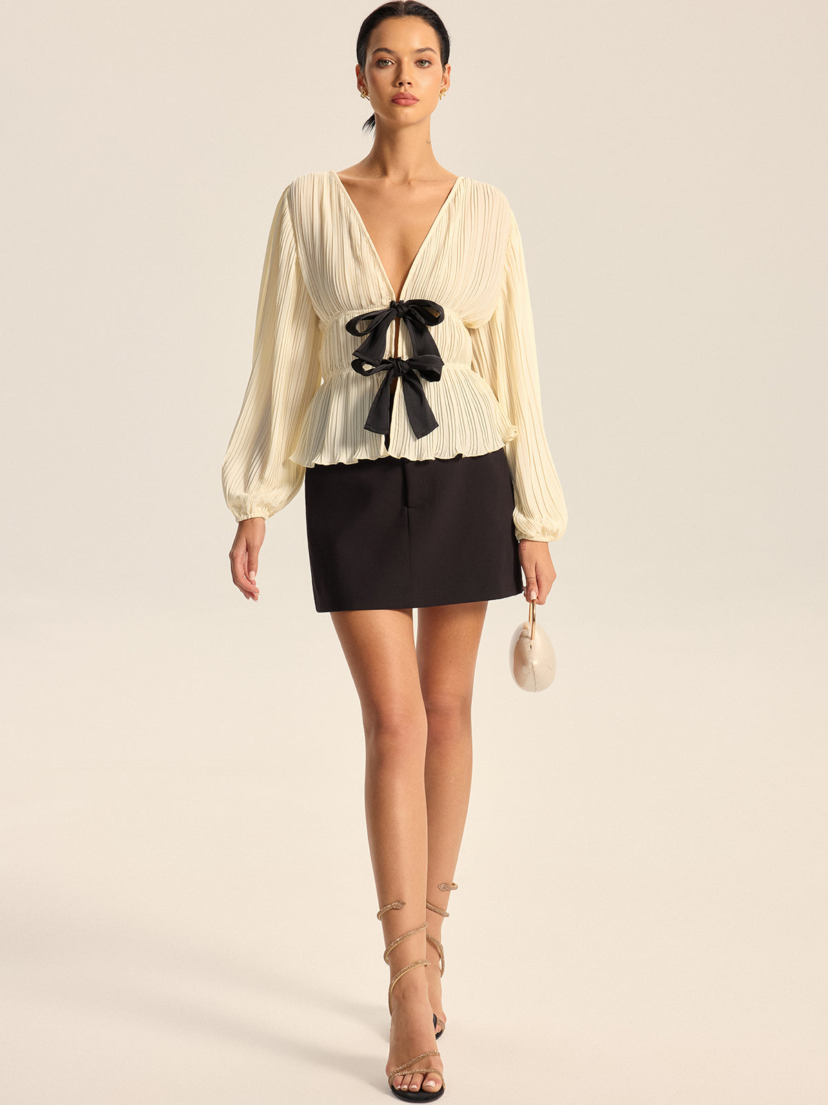 Pleated V-Neck Bow Blouse-Chicvia
