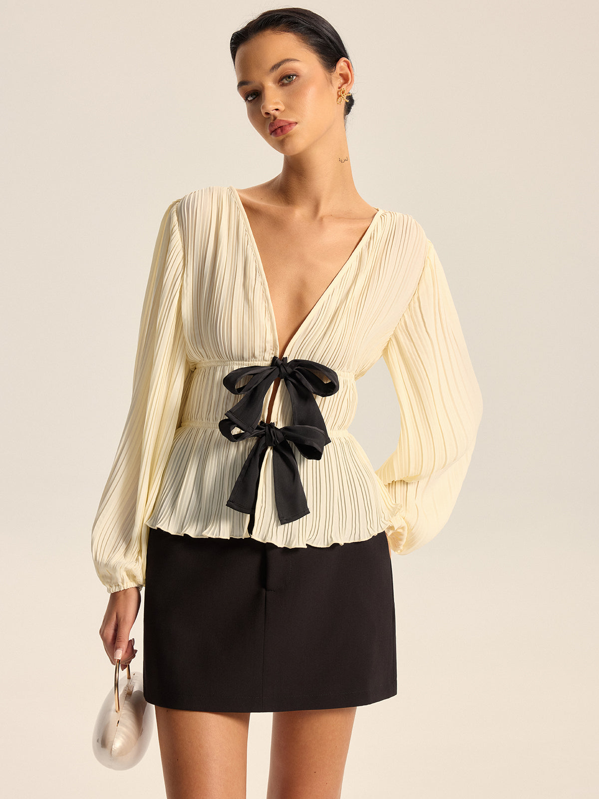 Pleated V-Neck Bow Blouse-Chicvia