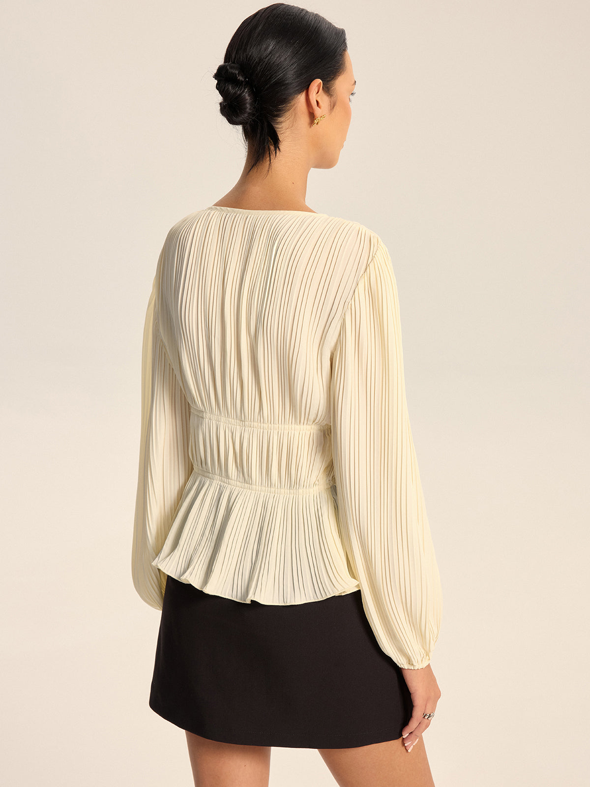 Pleated V-Neck Bow Blouse-Chicvia