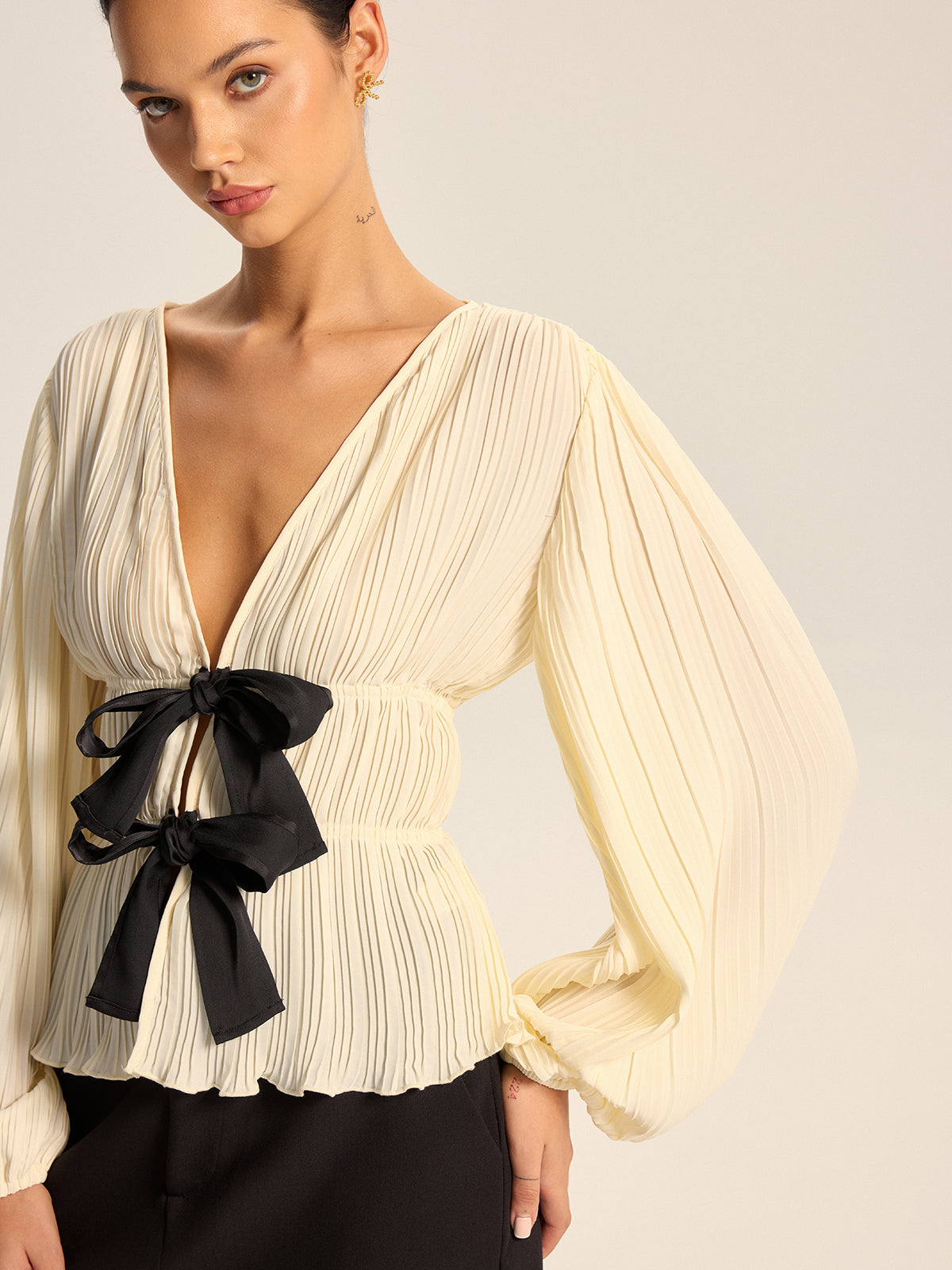Pleated V-Neck Bow Blouse-Chicvia