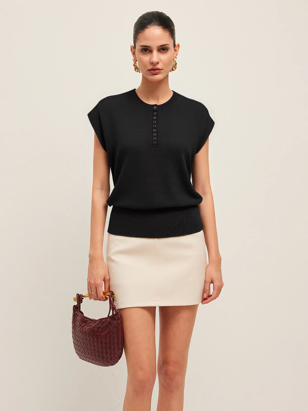 Cap Sleeve Button Cinched Knit Top-Chicvia