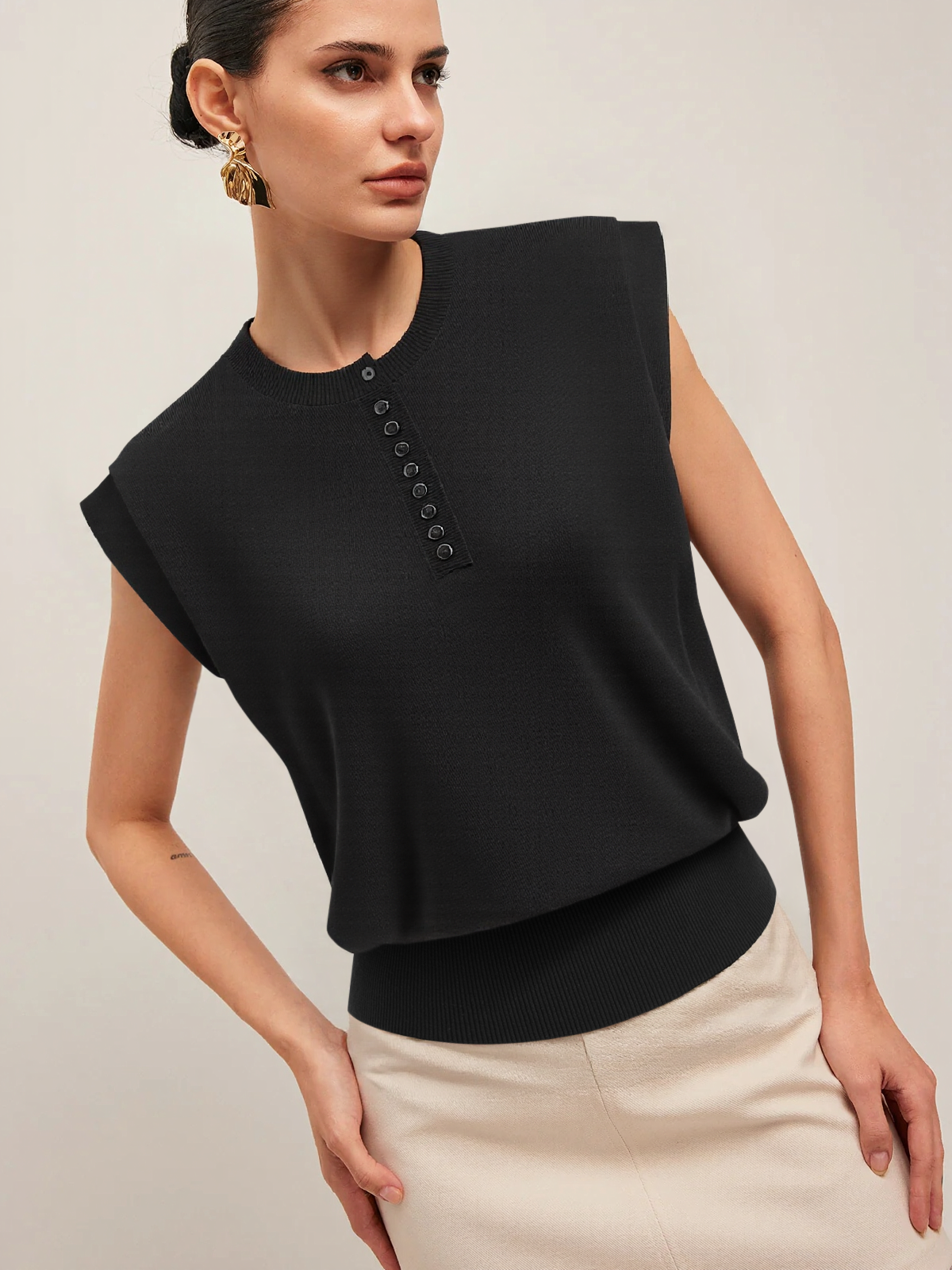 Cap Sleeve Button Cinched Knit Top-Chicvia