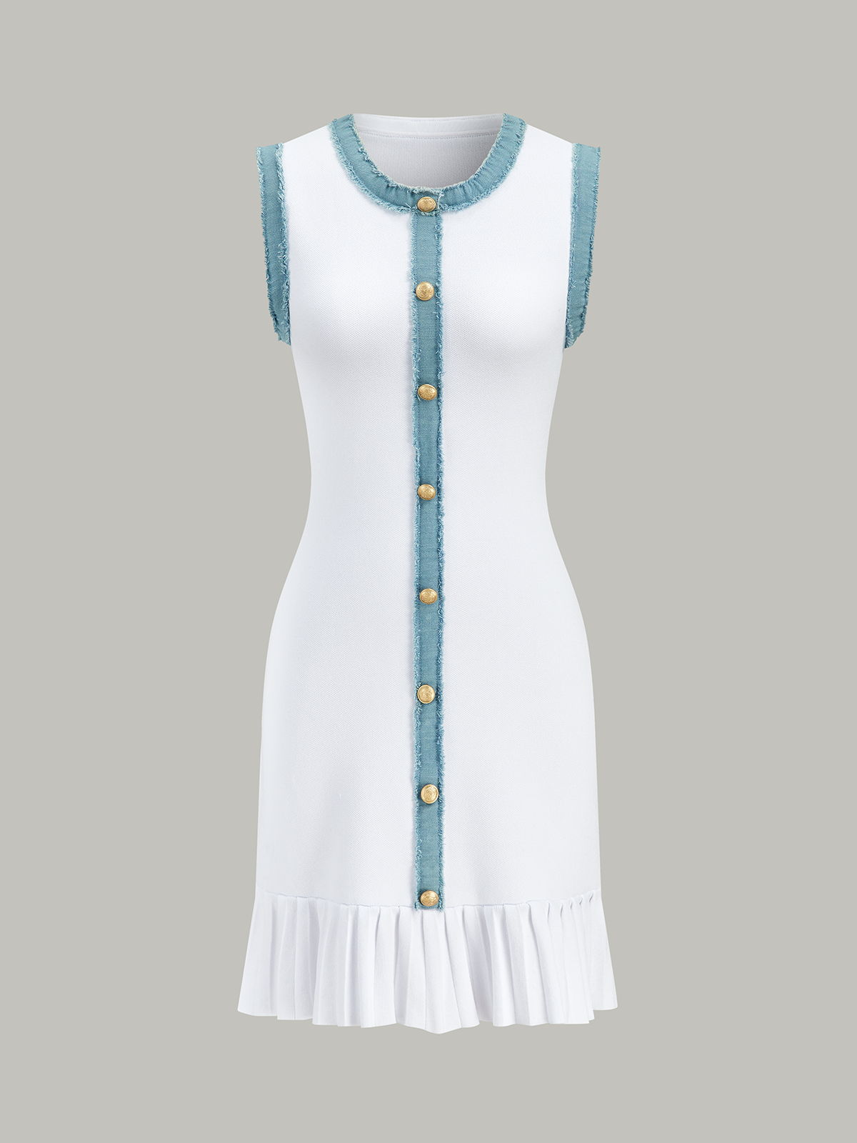 Denim Trim Button-Front Ruffle Hem Midi Dress-Chicvia