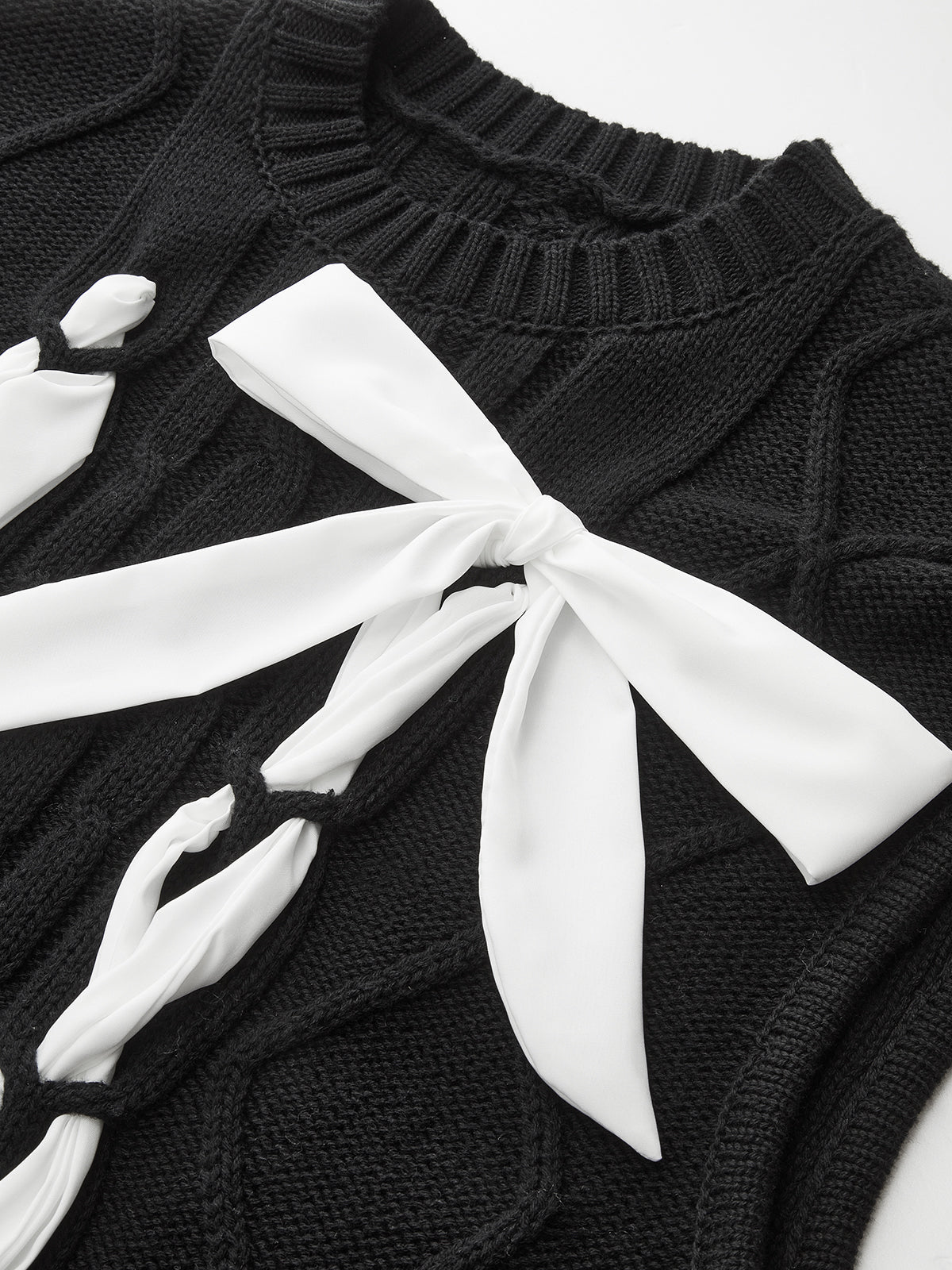 Cable-Knit Bow Cap Sleeve Vest-Chicvia