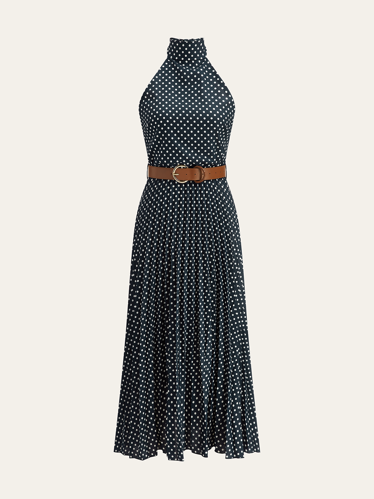 Polka Dot Halter Neck Belted Midi Dress-Chicvia