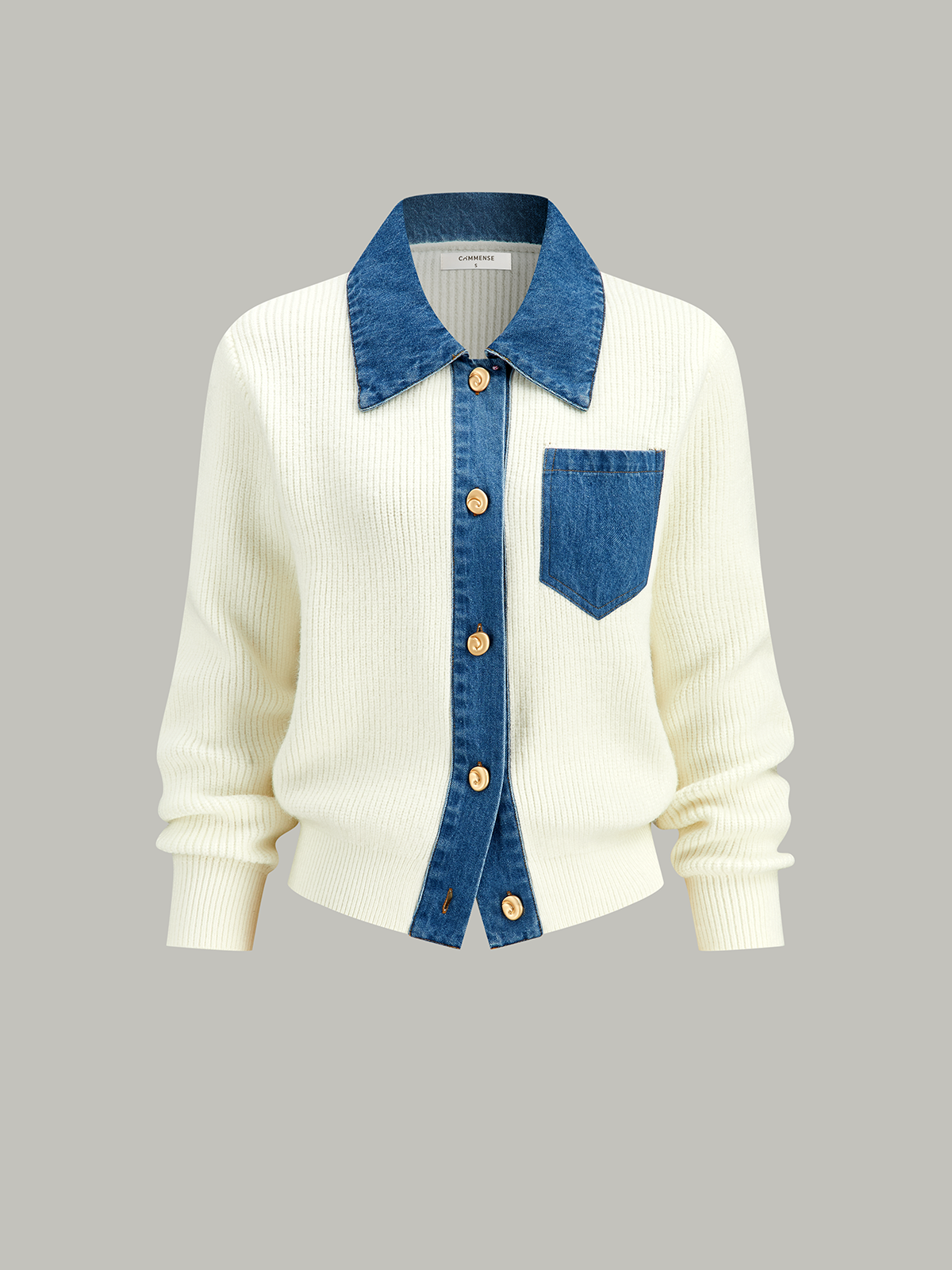 Denim Trim Button Knit Cardigan-Chicvia
