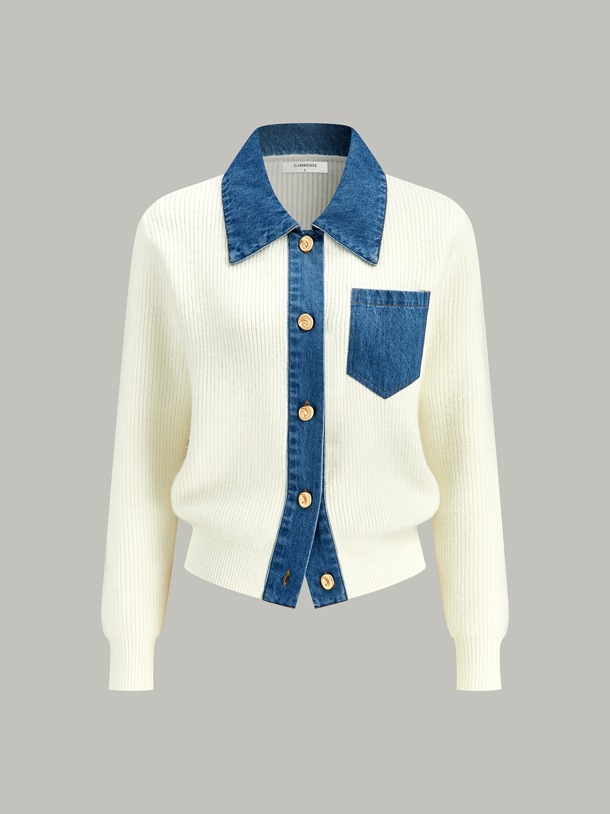 Denim Trim Button Knit Cardigan-Chicvia