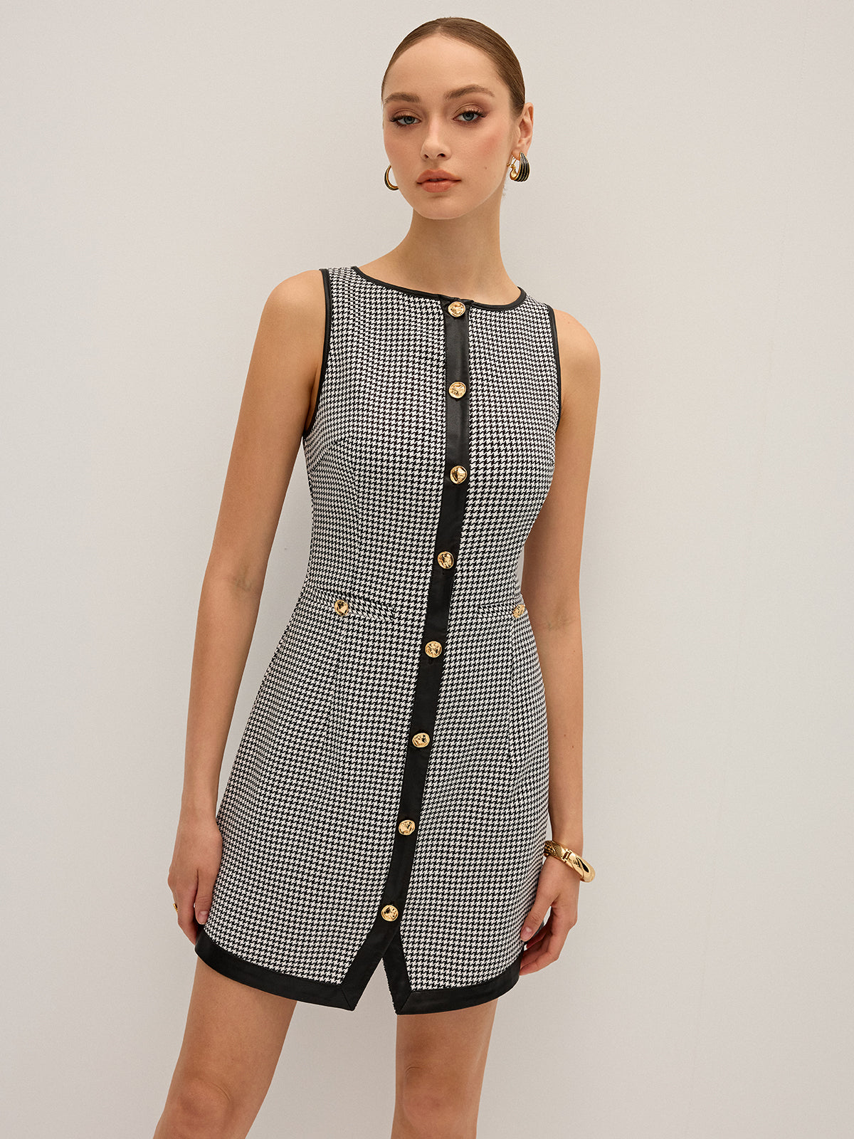 Houndstooth PU Leather Trim Mini Dress-Chicvia