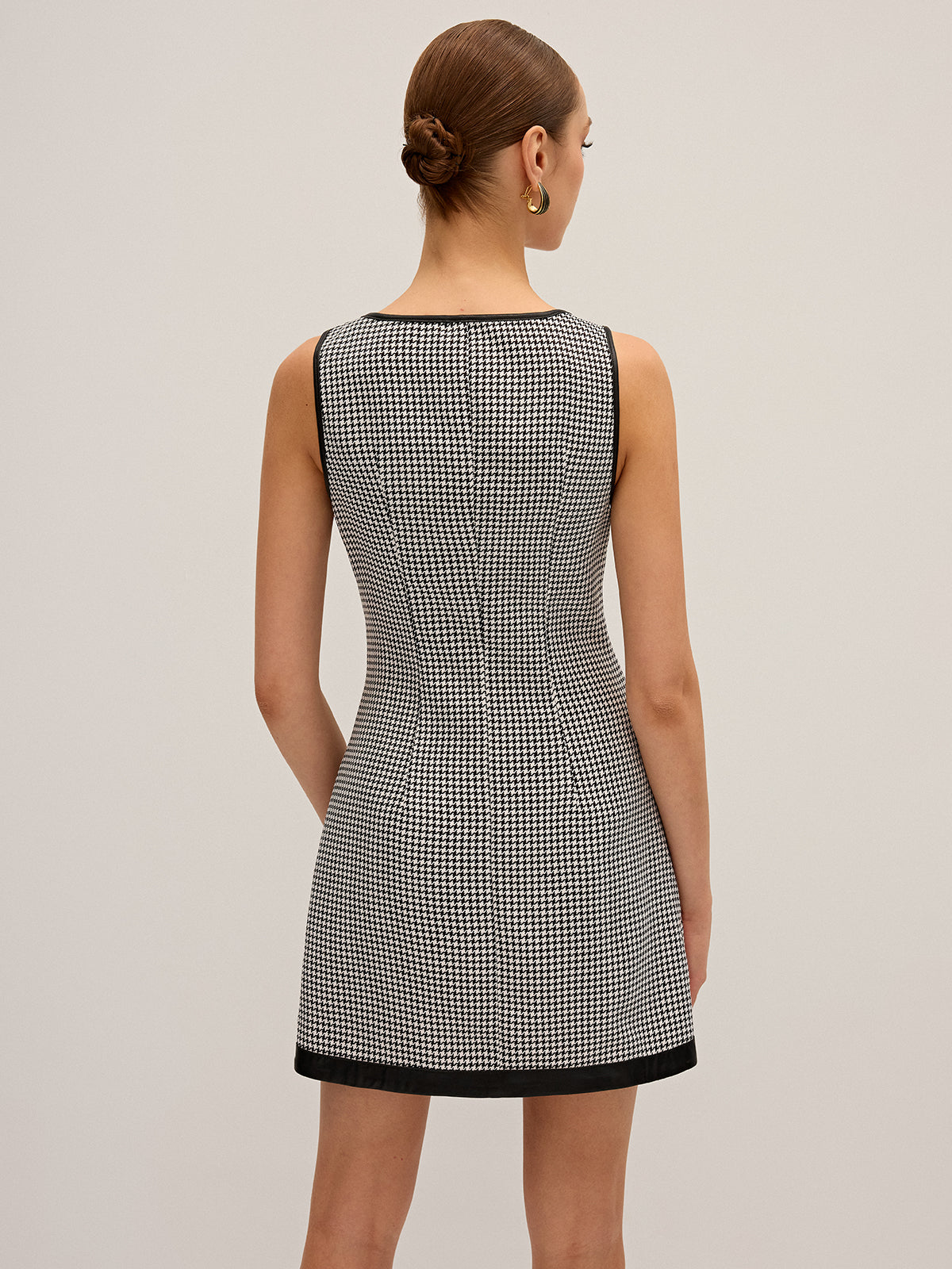 Houndstooth PU Leather Trim Mini Dress-Chicvia