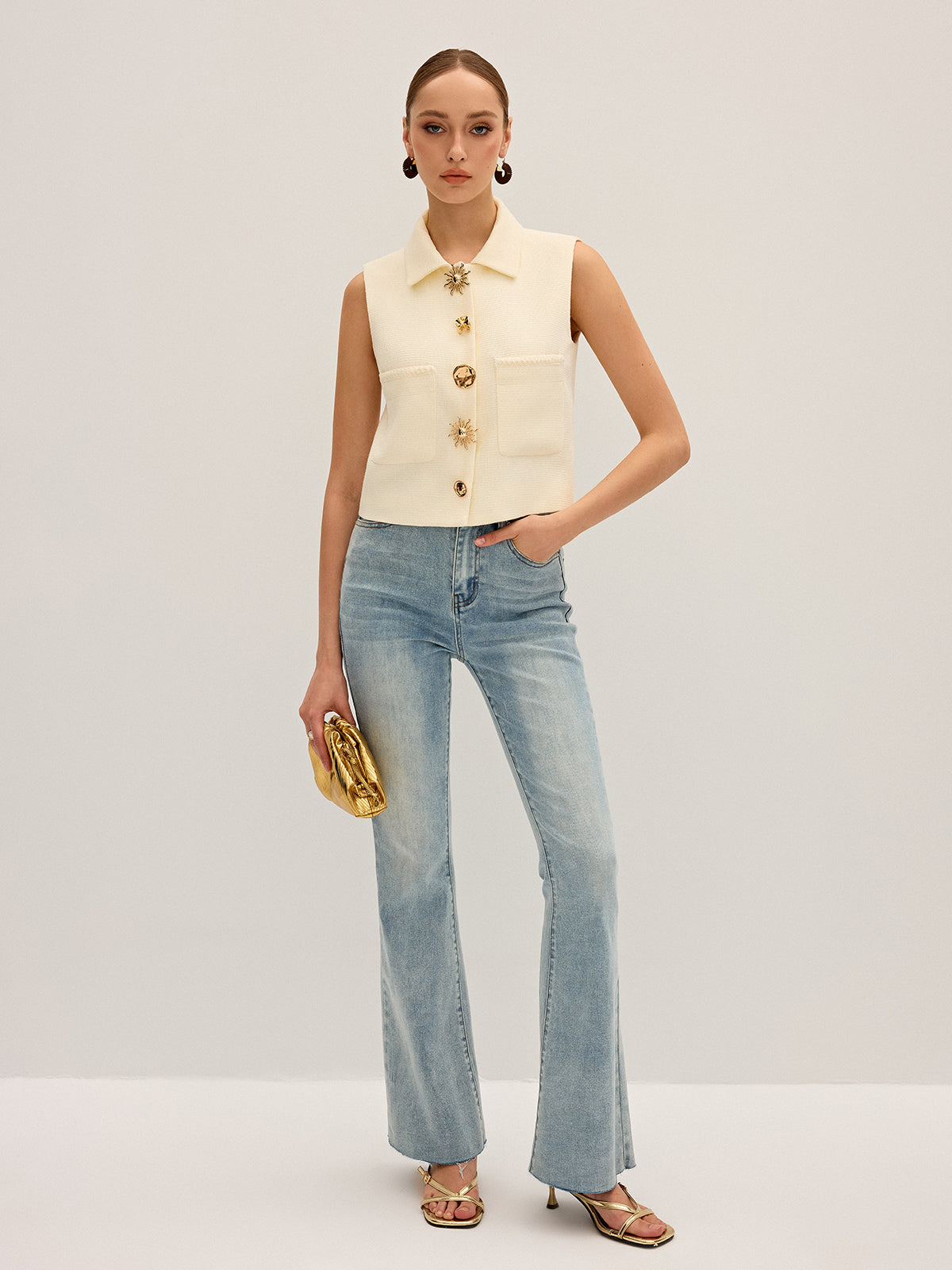 Irregular Metal Button Sleeveless Vest-Chicvia