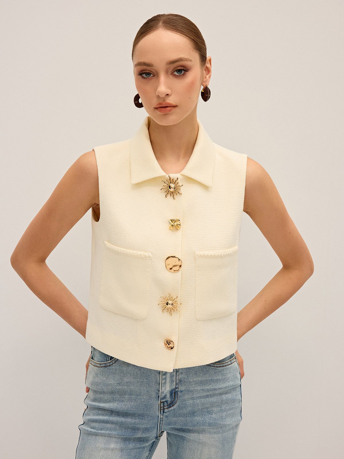 Irregular Metal Button Sleeveless Vest-Chicvia