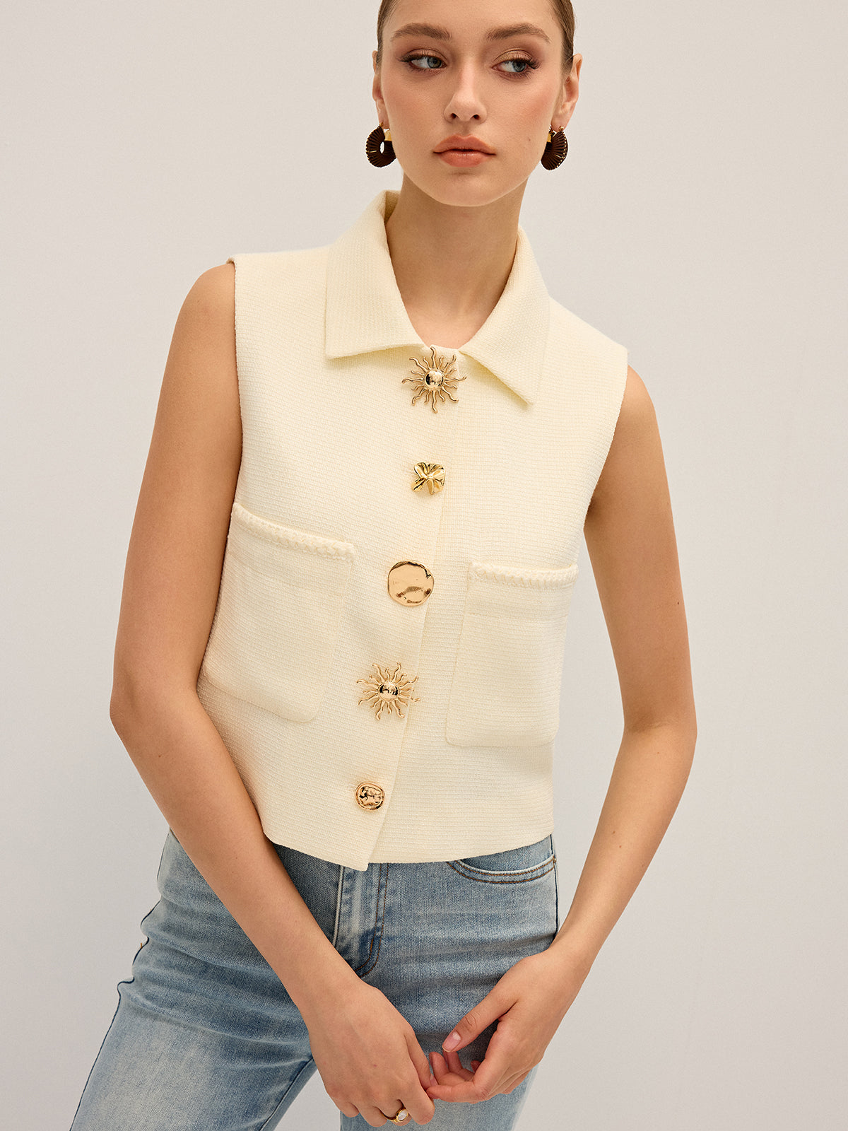 Irregular Metal Button Sleeveless Vest-Chicvia