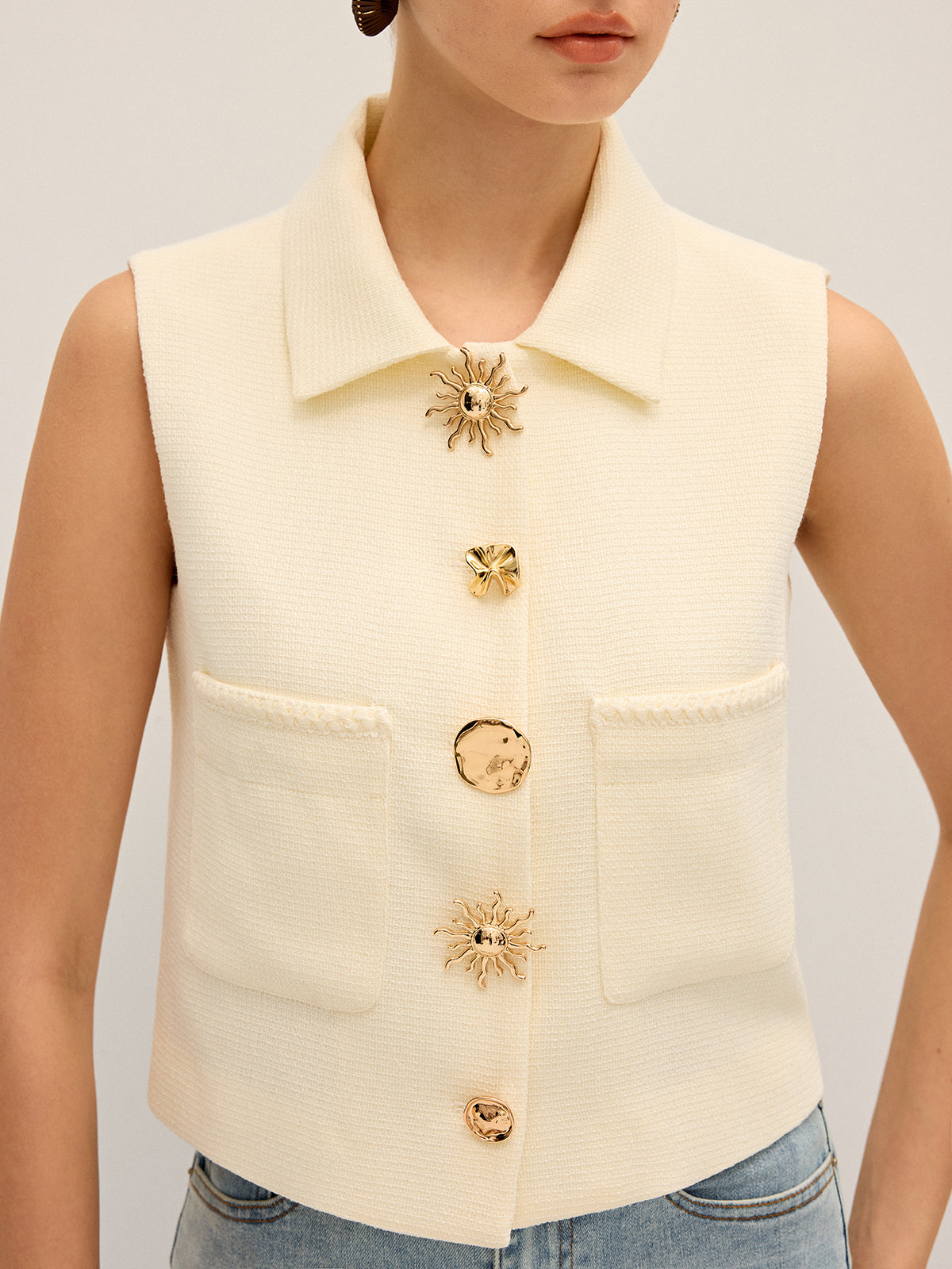 Irregular Metal Button Sleeveless Vest-Chicvia