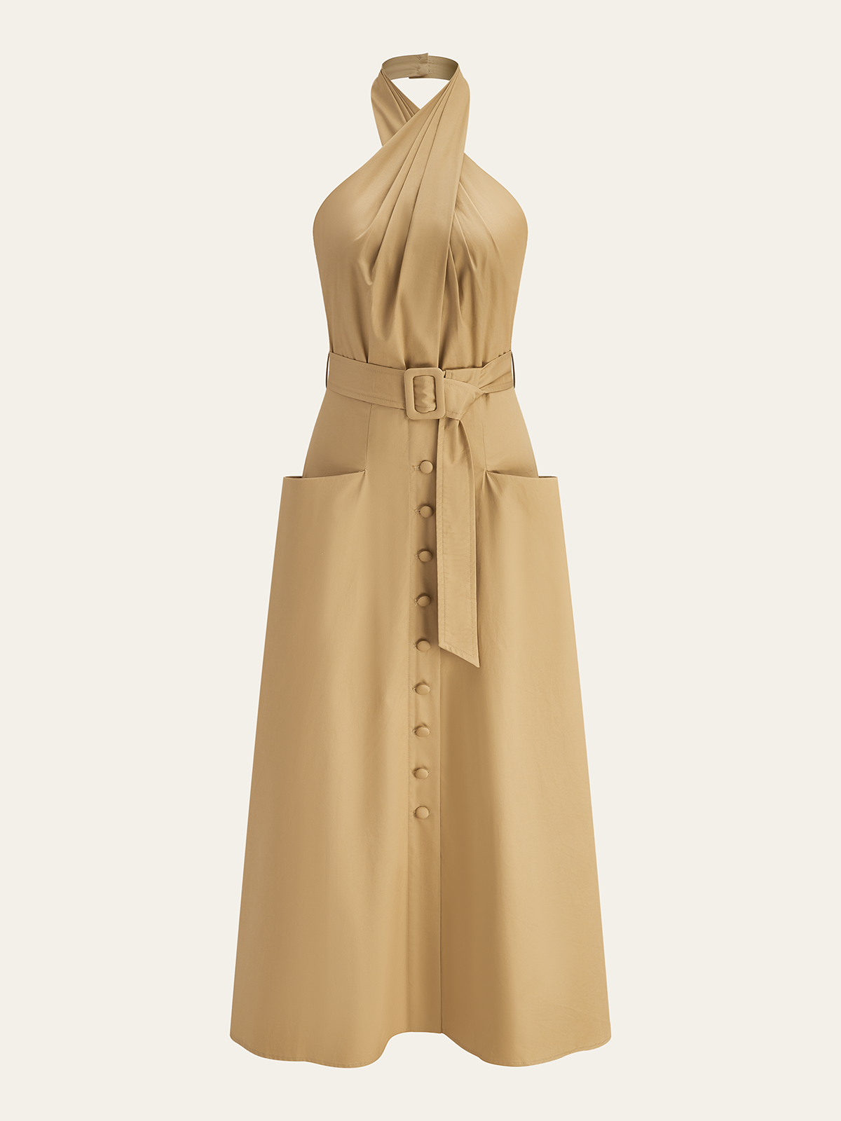 Cotton Pleated Halter Neck Belted Midi Dress-Chicvia