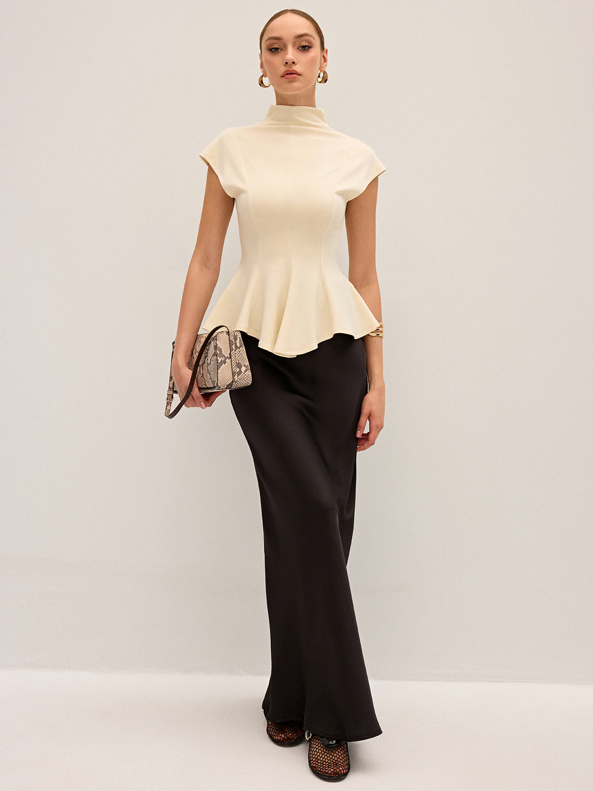 Mock Neck Cap Sleeve Peplum Top-Chicvia