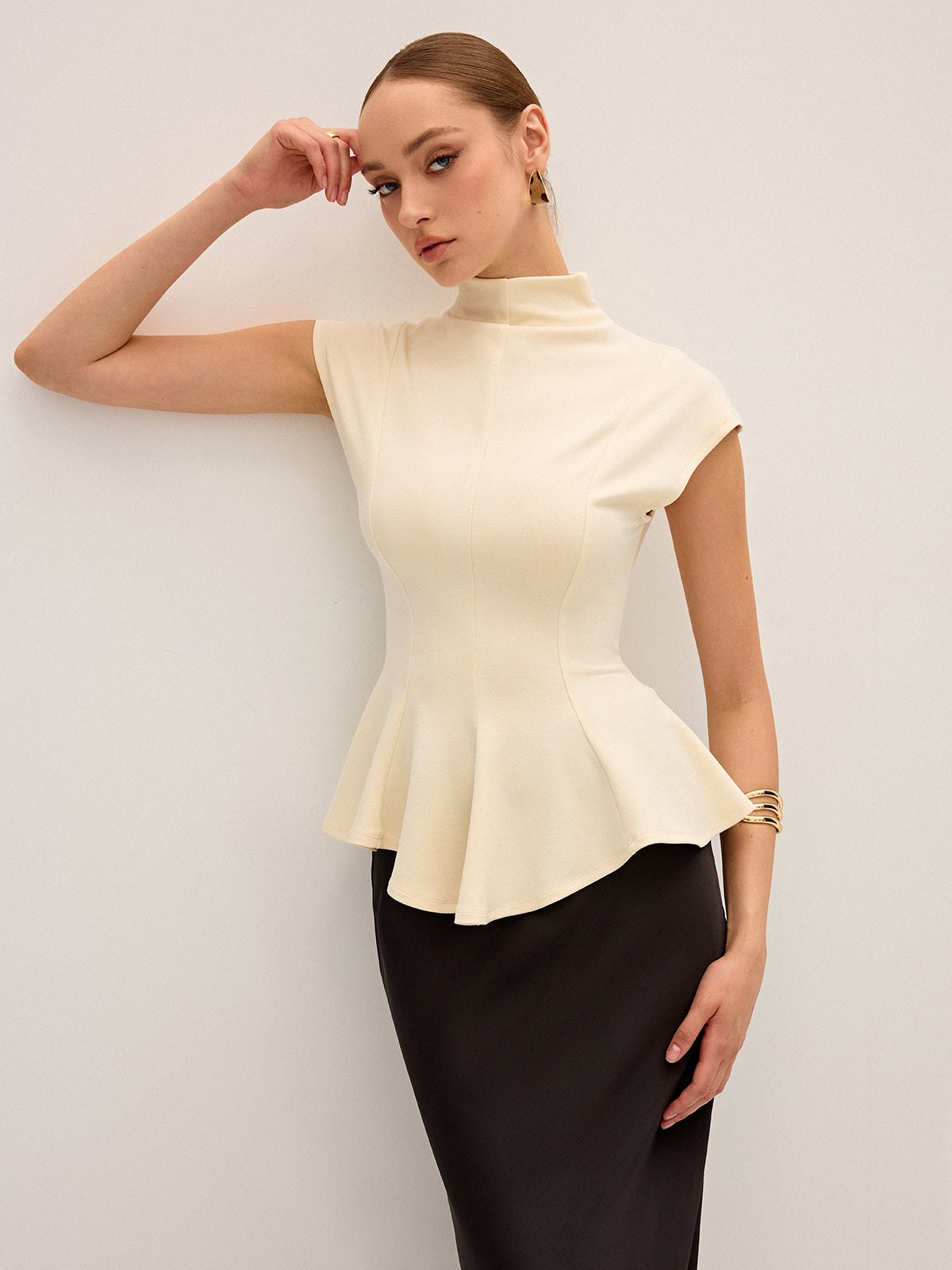 Mock Neck Cap Sleeve Peplum Top-Chicvia